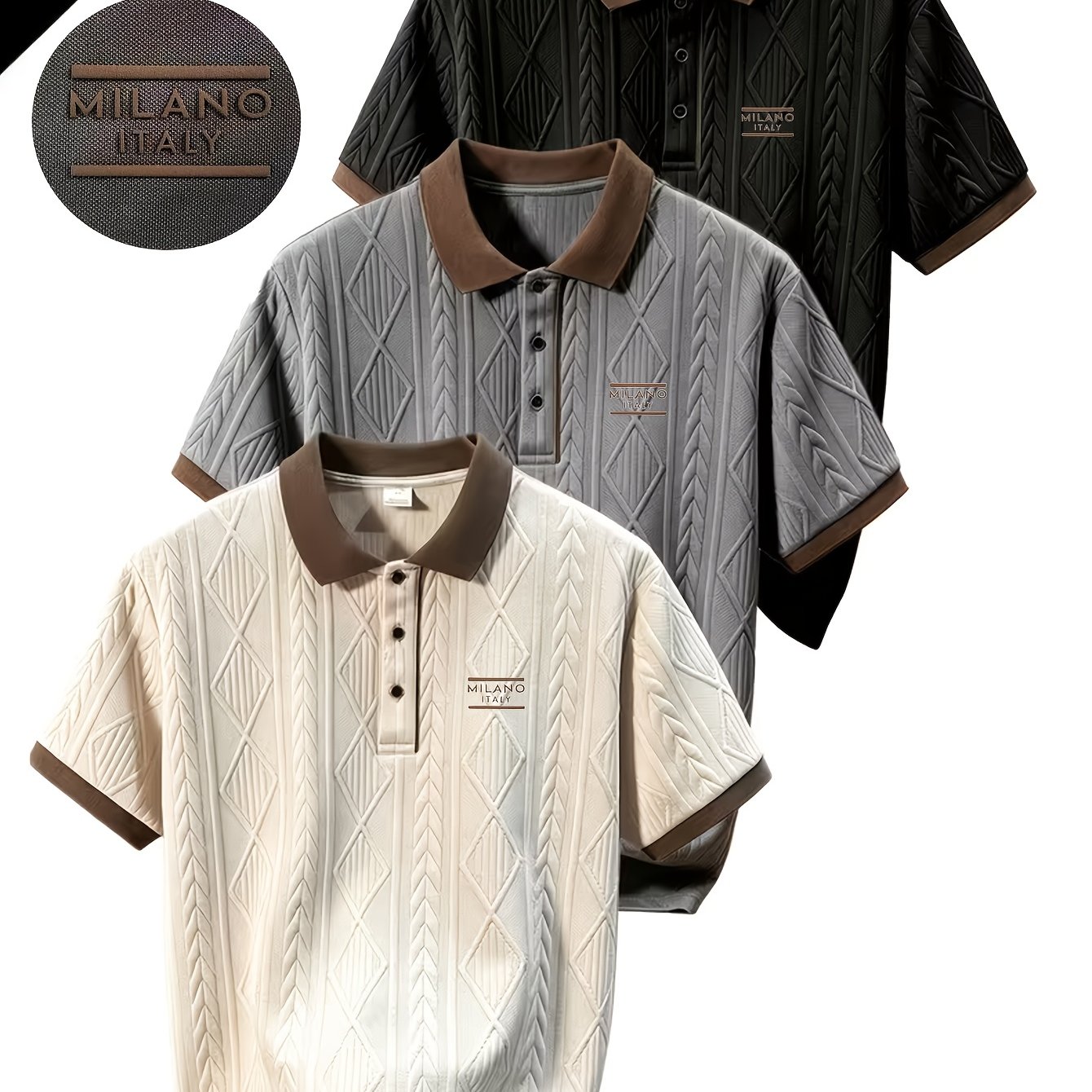 TEMU Summer, 3pcs Set, High-quality Men's Short-sleeve Lapel Casual Shirts, Pattern With Three-dimensional Embossed Foam Carving, Random Print,