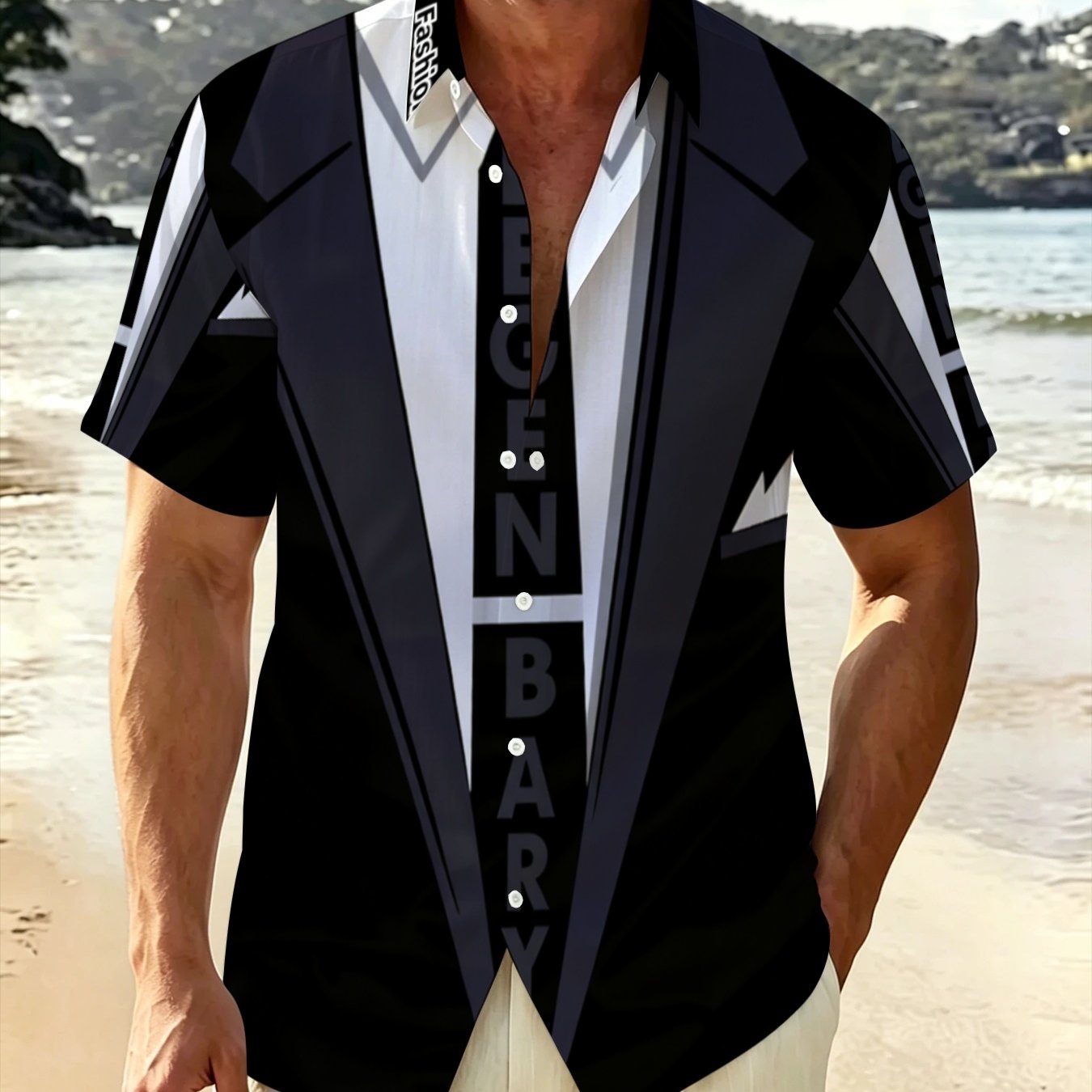 TEMU Men's -block Plus Size Short Sleeve Shirt, Summer Beach Vacation Casual Men's Wear, Easy Design Statement Outerwear Top
