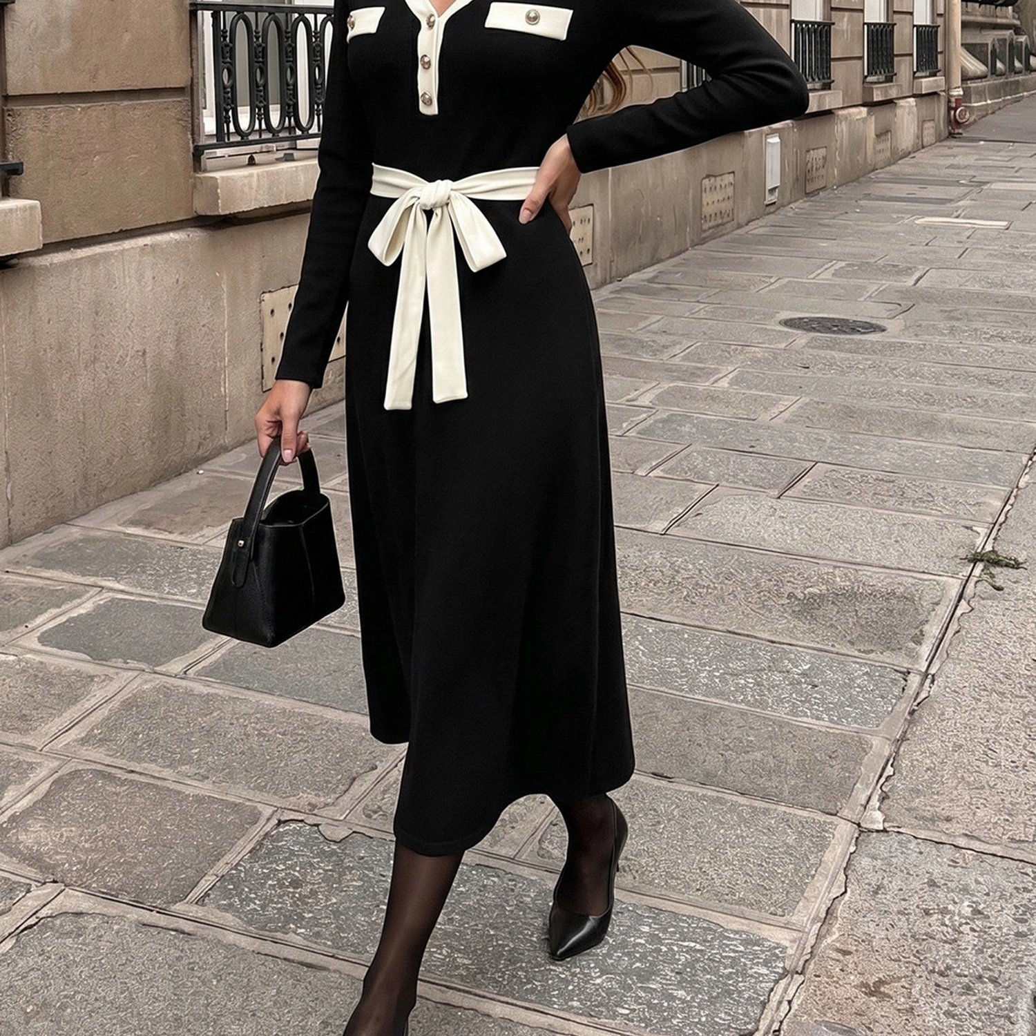 Image of Autumn And Winter Light-mature Vintage -block Dress, V-neck Dress, Waist-cinching Mid-length Dress With Bow Belt, Fashionable Charm To Everyday Outfits