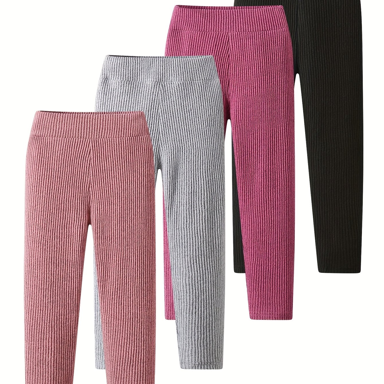 4pcs Set Of Girls' Basic Cute Versatile Brushed Solid Color Long Pants, Comfortable Slim-fit Thick Leggings In Multiple Colors With High Elastic Ribbed Knit Fabric For Autumn And Winter, Outdoor