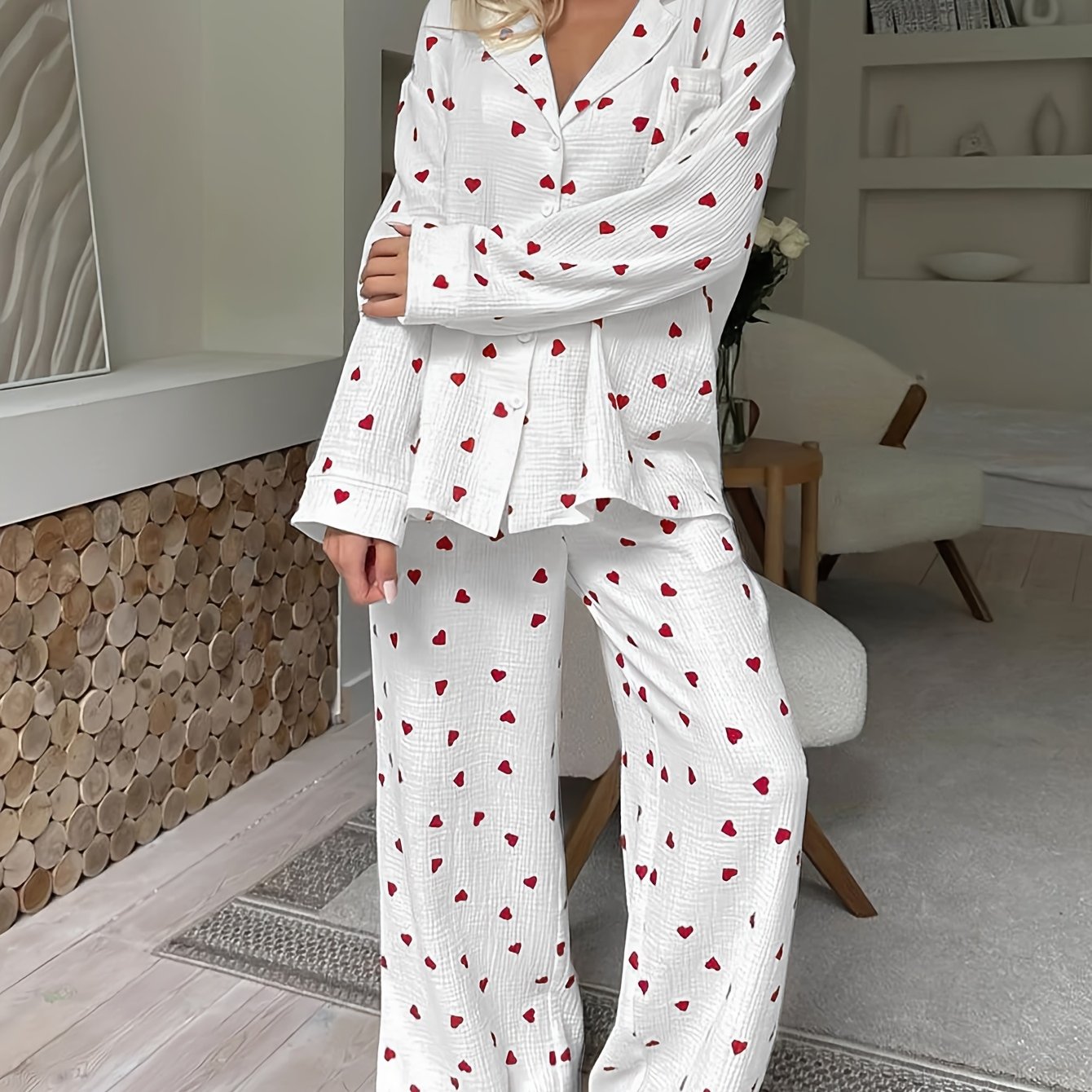 Soft And Comfortable Heart Print Long Sleeve And Long Pants 2pcs Set