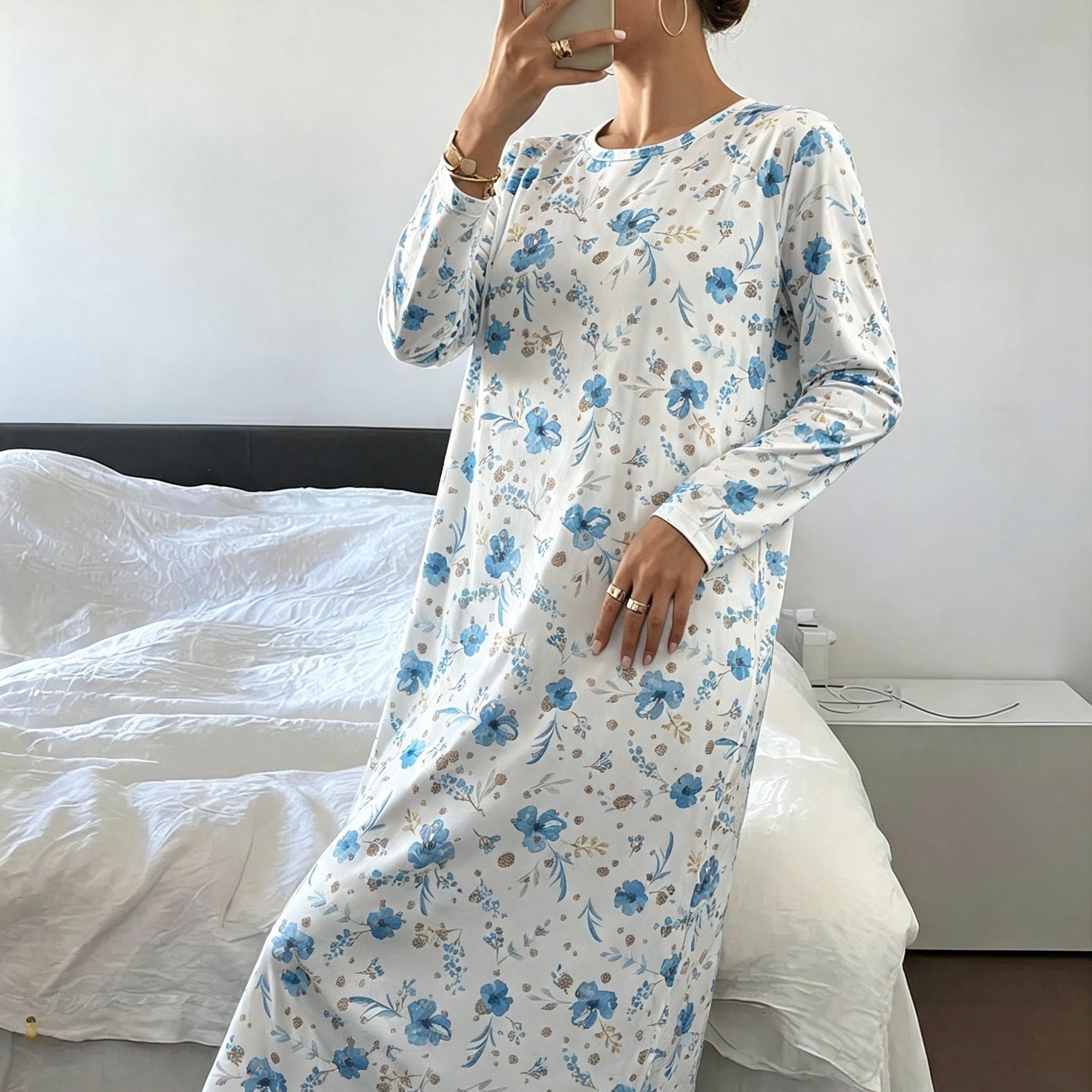 Floral Print Long Sleeve Sleeping Dress For Women