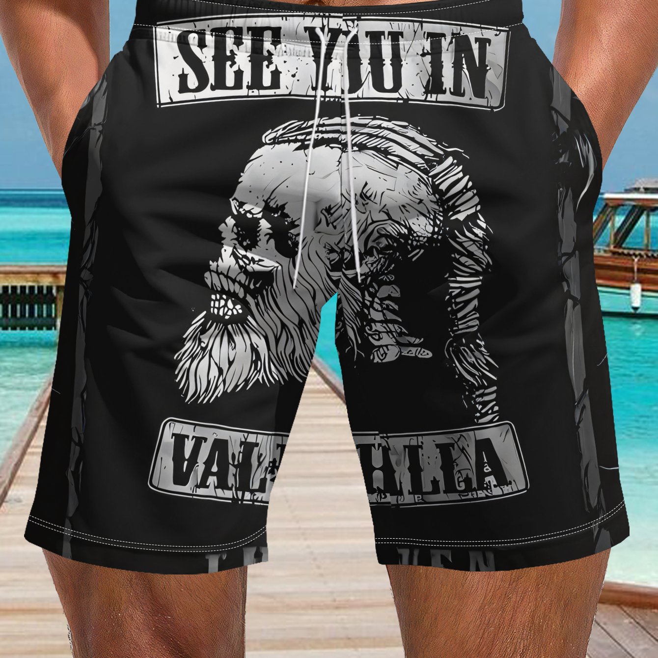 TEMU Men's Beach Vacation Shorts, Black Background With Skull And Beard Armor, " In " Text And Patterns, Drawstring Waistband, Perfect For , Men's