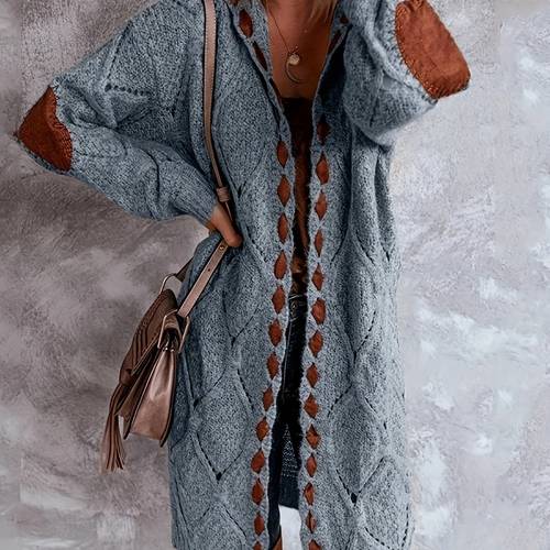 women cardigan hooded sweater long sleeve knit coat with rhombus lattice