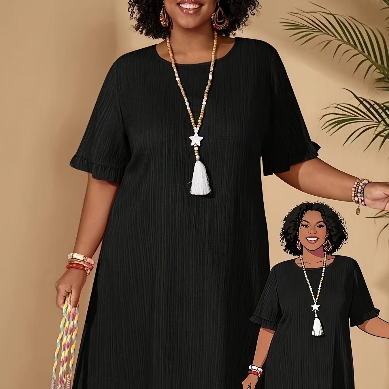 TEMU Plus Size - Western Plus Size Solid Easy Casual Round Neck Short Sleeve Dress, Suitable For Summer, Holidays, Beach, Vacation, And Occasions,