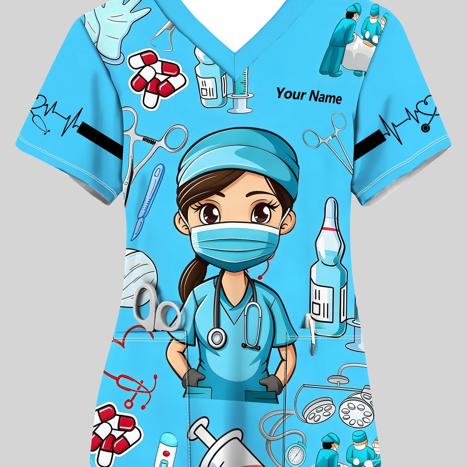 TEMU [customization] Name Custom V-neck Short Sleeve T-shirt Work Uniform, Cartoon Portrait Printed Workwear, Short Sleeve V-neck Tie Pocket Top,