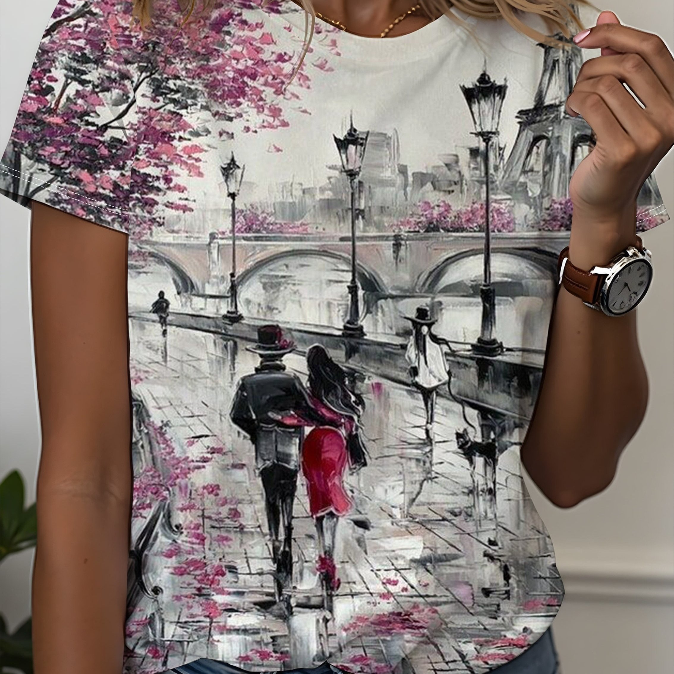 TEMU Romantic French Oil Painting Style Paris Couple Print Short Sleeve T-shirt, Women's Date Outing Versatile Top, Machine Washable