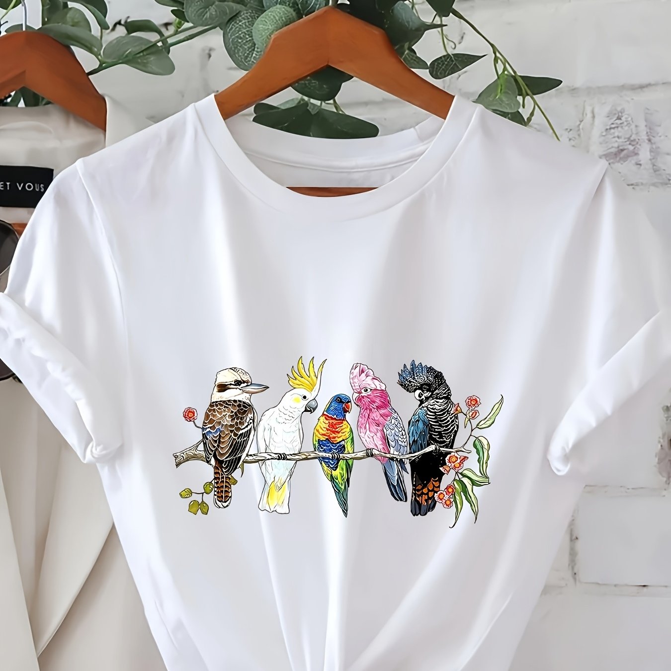 TEMU Plus Size, Australian Parrot Bird Graphic Print Short Sleeve Crew Neck T Shirt For Women Spring Summer Outdoor Tops Womens Basic Crew Neck Tee