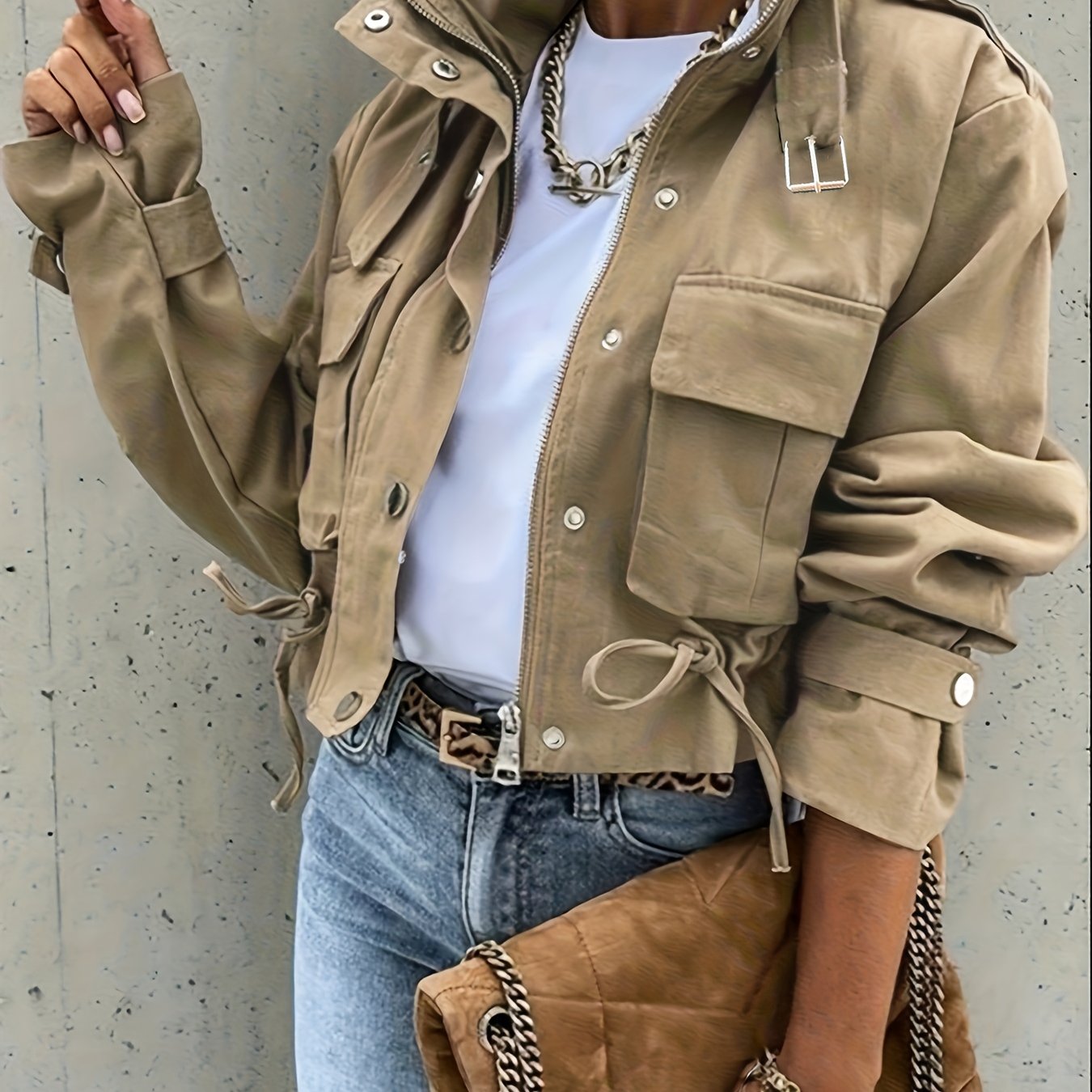 TEMU Women's Short-style Casual Holiday Jacket With A Collar, Drawstring, And Pockets