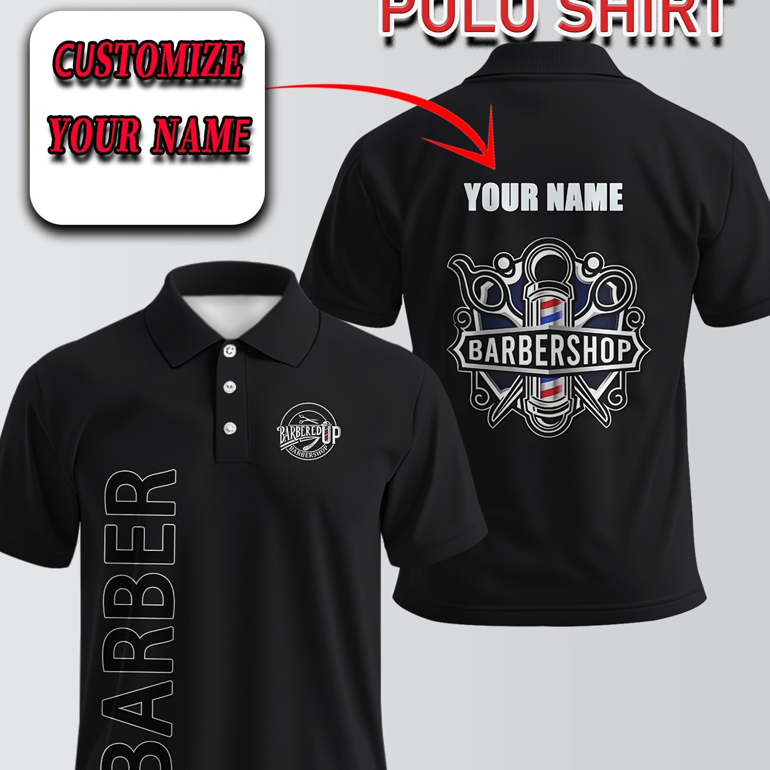 TEMU Men's Barber Series Personalized Hair Salon Shirt - Custom Name/hairbrush Design, Breathable Polyester, Casual Short Sleeve Shirt, Suitable For