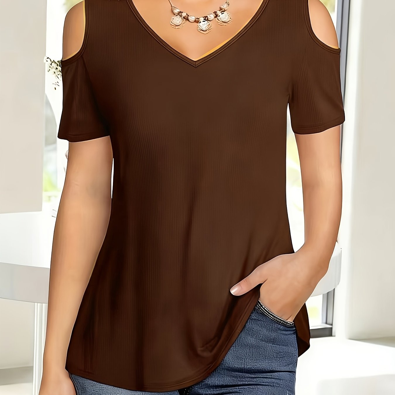 TEMU Solid Color Women's Casual T-shirt Hollow Short Sleeve V-neck Spring Summer Style Top