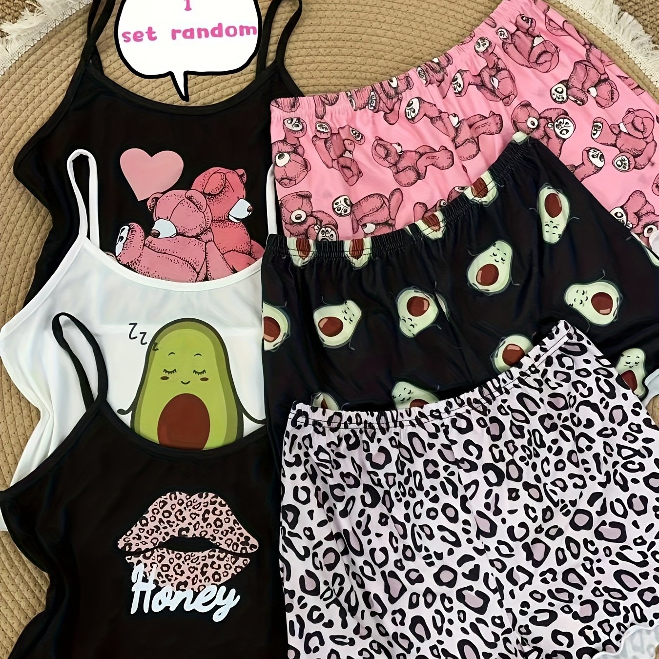 E-shop Zufälliges 1 Set Cartoon Niedlicher Druck Lässige Mode Camisole Shorts und Set für Teenager, für Teenager, für Teenager