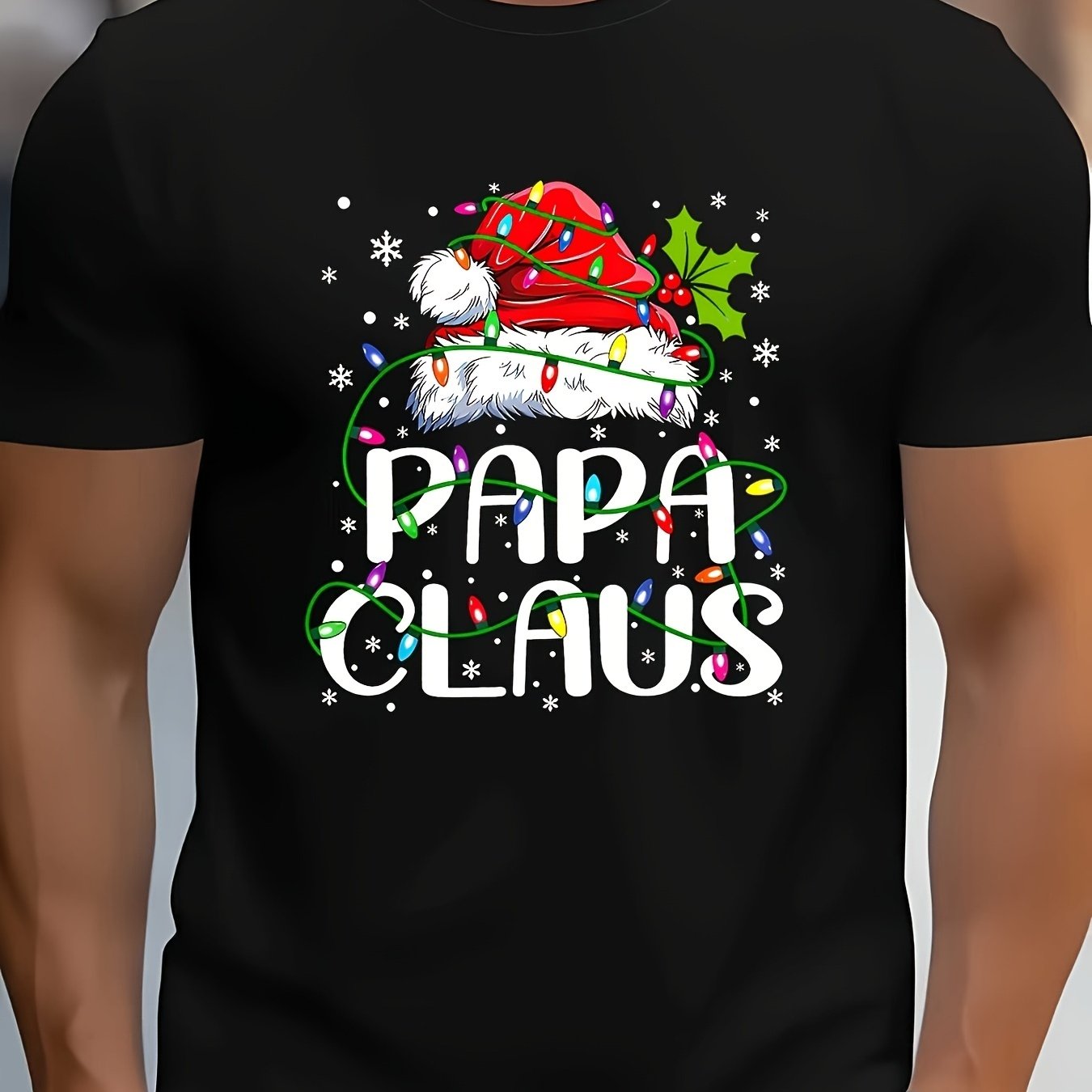 TEMU T-shirt assorti pour avec Papa Claus et guirlandes lumineuses de Noël - Motif avec bonnet de Père Noël et guirlandes lumineuses, idéal pour les