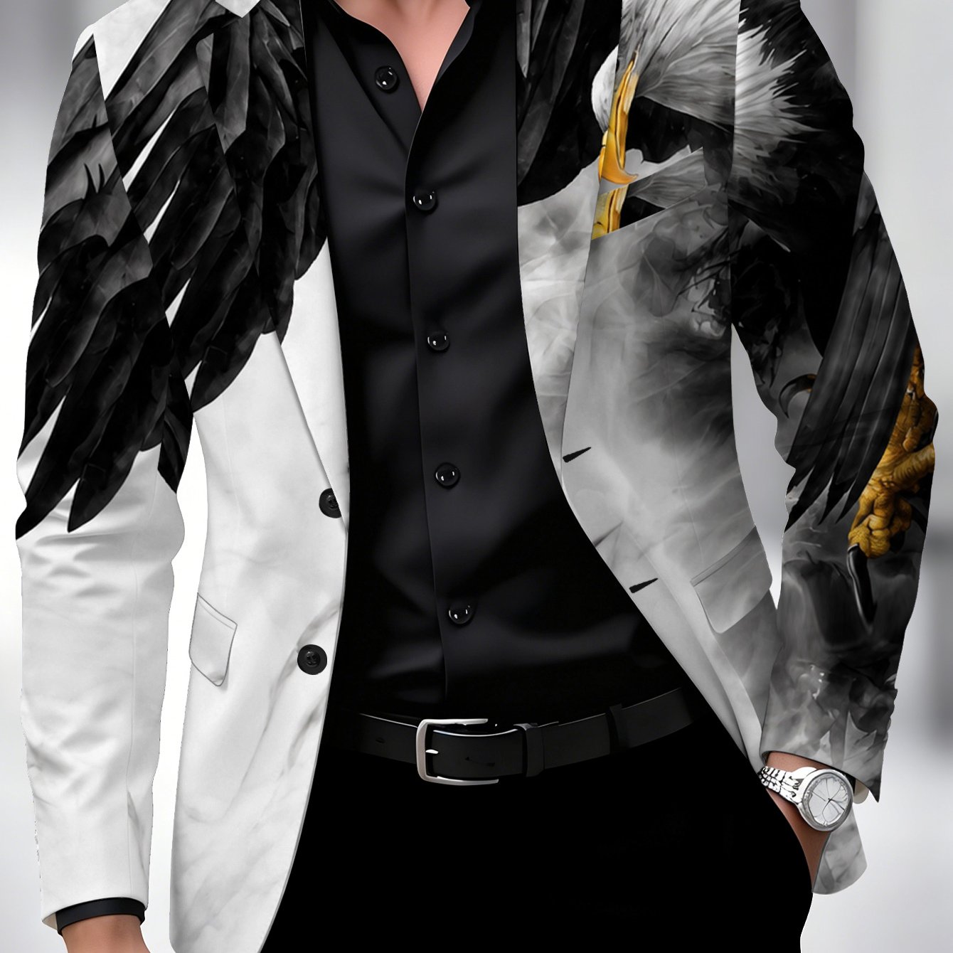TEMU Men's Suit Single Piece, Eagle Print Blazer, Smoky Element Style, Men's Suit Jacket, Black White Gray Color-block, Casual Formal With Lining And