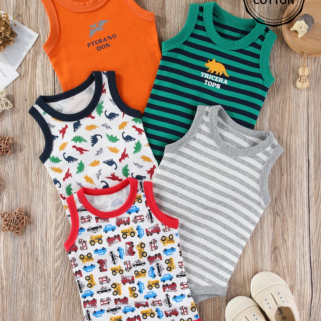 Image of 5pcs Pure Cotton Baby Boys' Romper Bodysuit With Car And Dinosaur Print, 0-24m, Perfect For Outdoor