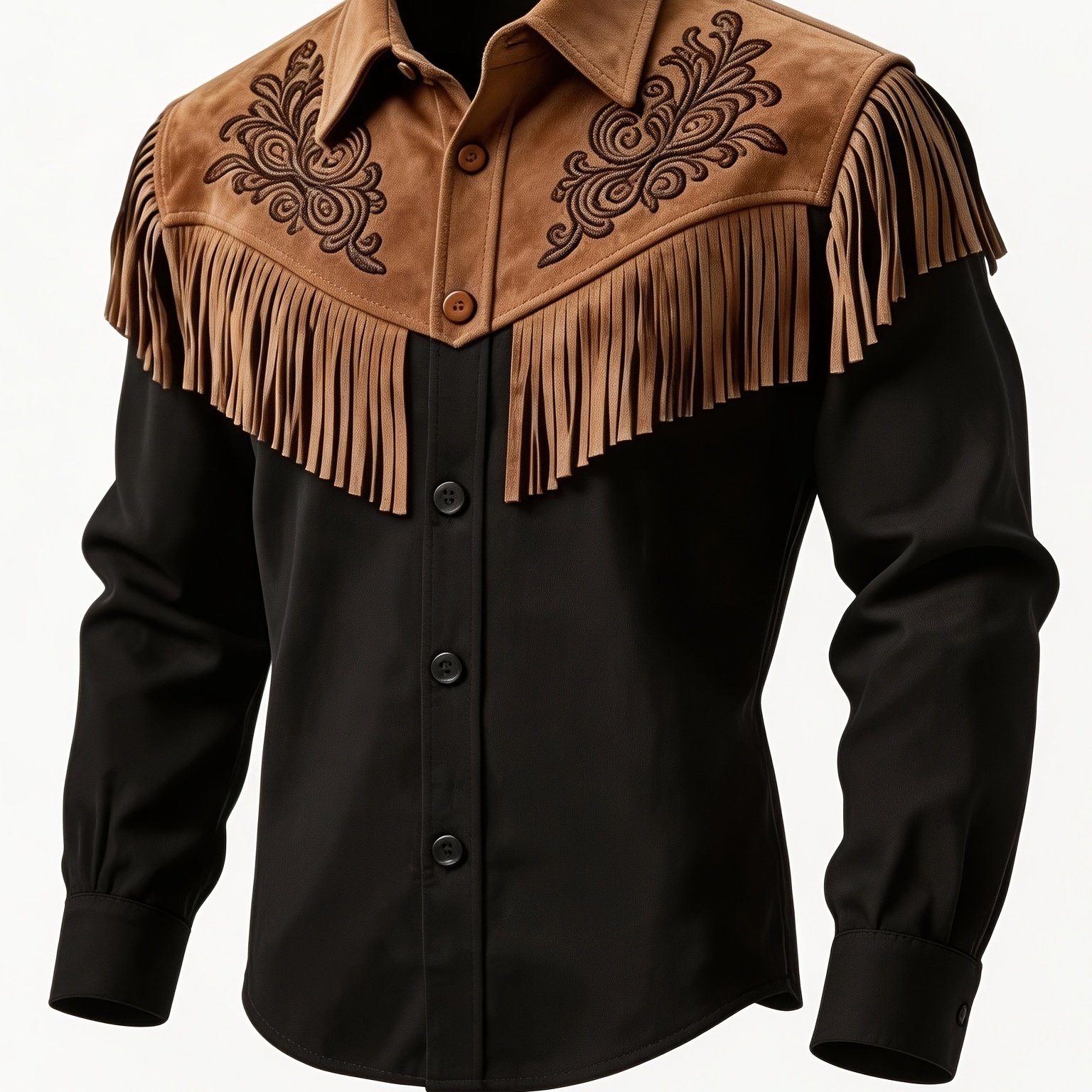 TEMU Men's Designer Niche Design Matching Light Brown And White - Black And Light Brown, Contrasting Tassel Fleece Jacket, Retro Temperament