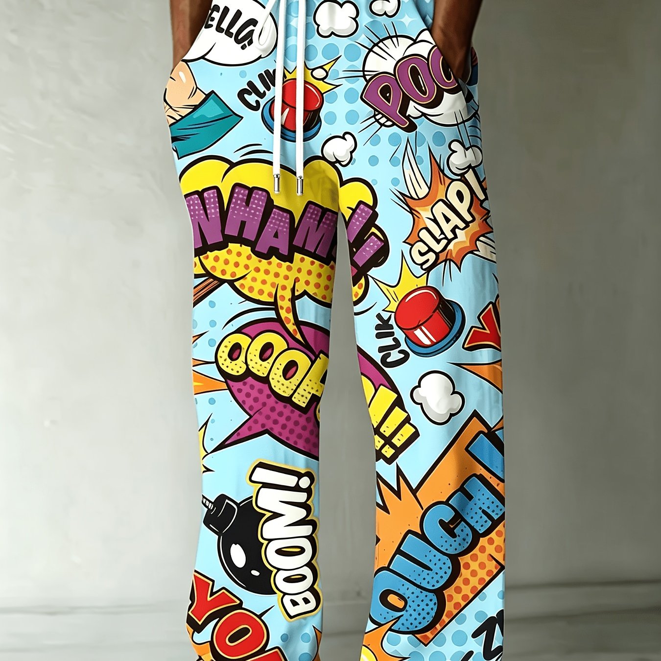 TEMU Trousers For Men High Quality | Men's Loose-fit Straight- Trousers With Comic Bubble Print - Machine Washable Suitable For Casual Wear, Office &