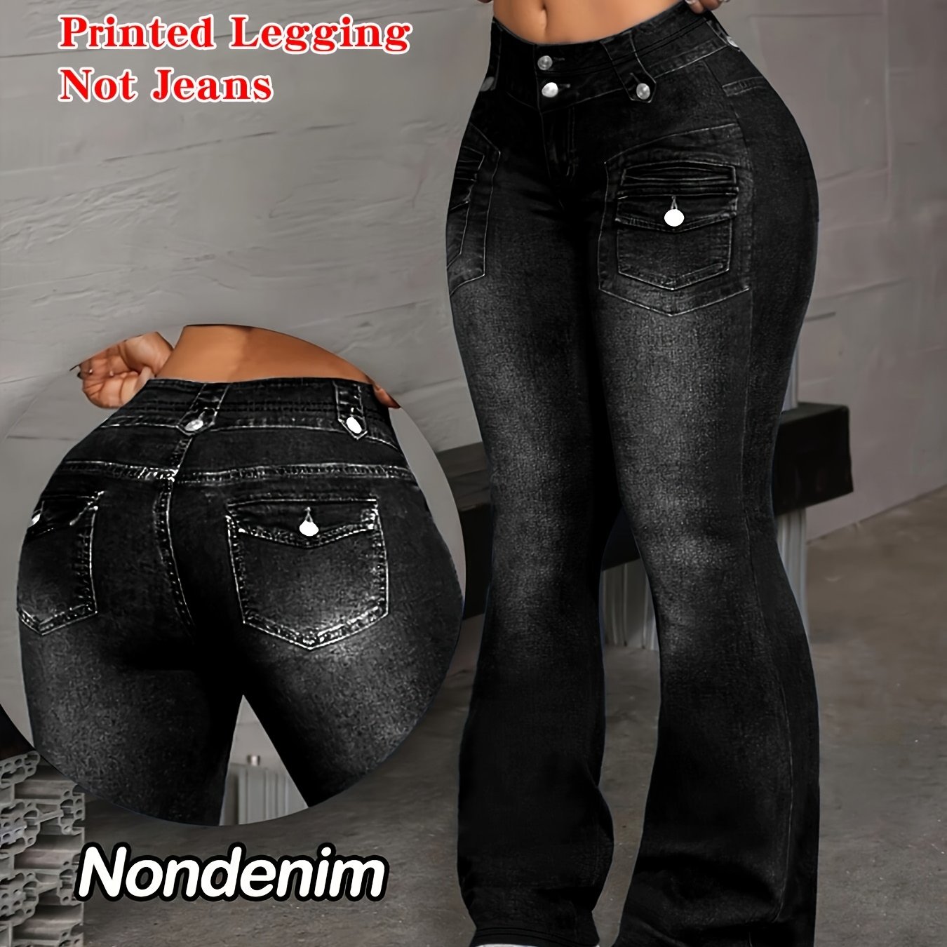 TEMU [Leggings Estampados - No Tela de de Denim] Leggings Estampados - No Tela de de Denim] Nuevos Pantalones Acampanados de de Denim - Elegantes