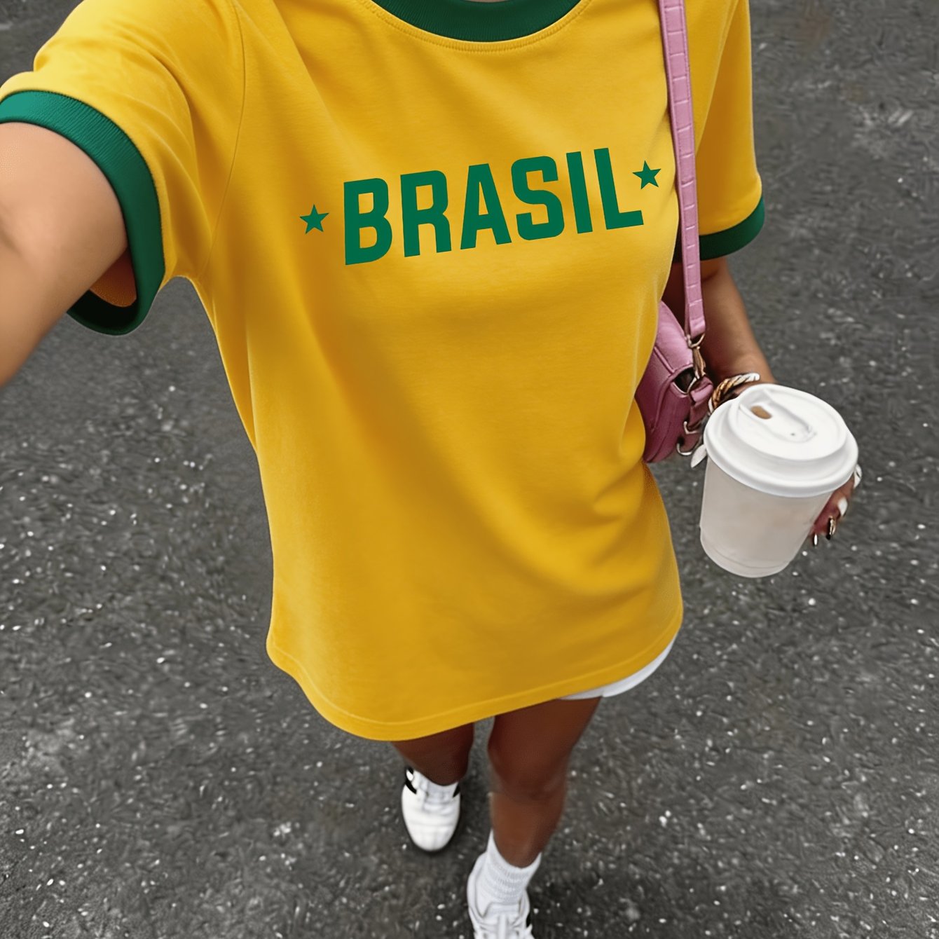 TEMU [printed Design - Not Textured] Brazil-themed Print With Lettering, Pattern, Casual Everyday Round-neck Short-sleeve Color- , Suitable For