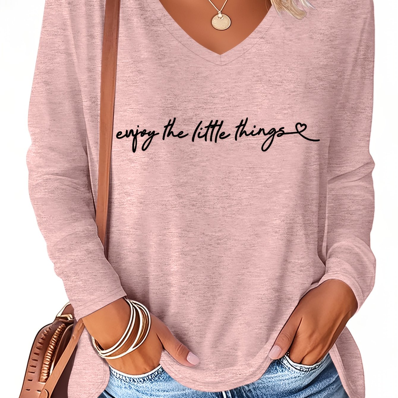 TEMU Plus Size - Plus Size - And Summer Plus Size Women's Fashion Letter "enjoy " V-neck Long-sleeved T-shirt, Rayon Component - To Care For, Machine