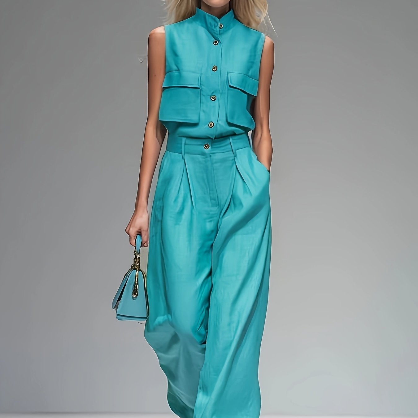 Image of Summer New Solid Color Set: Sleeveless Stand Collar Top + Wide-leg Pants 2pcs Set