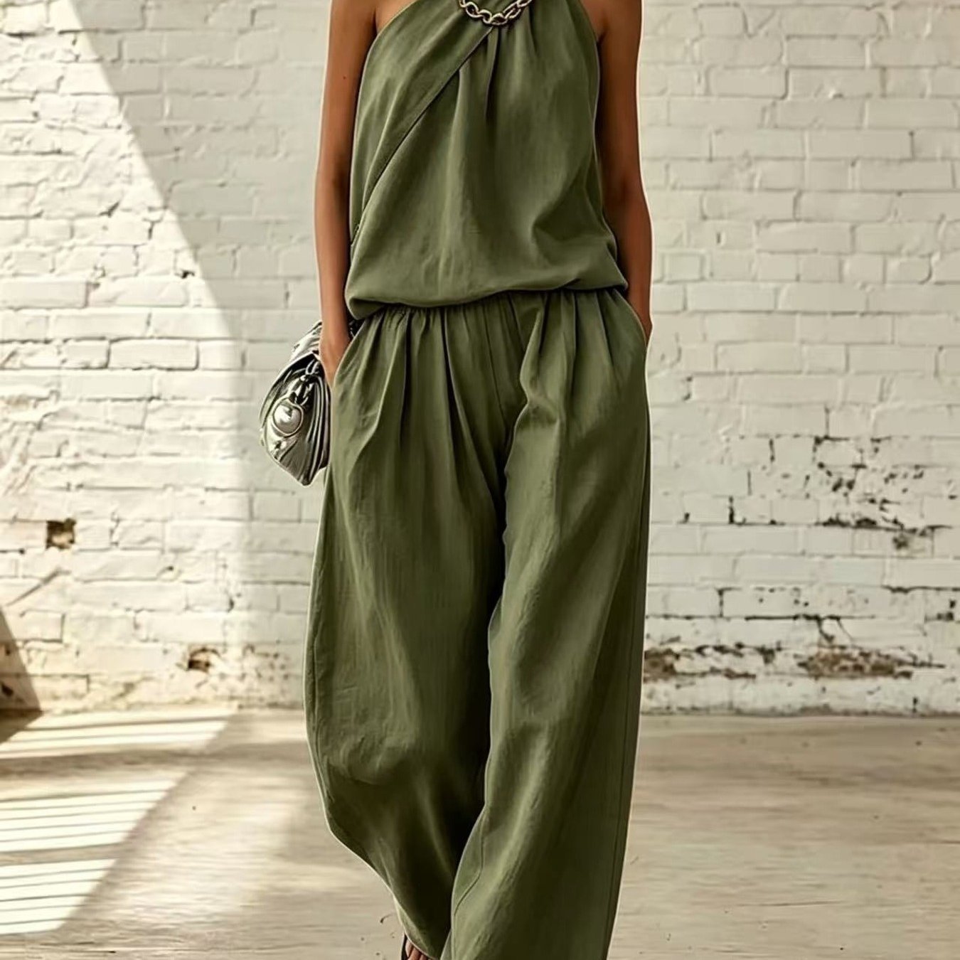 Sleeveless Off-the-shoulder Solid-color Casual Double-layer Top And Wide-leg Pants Set