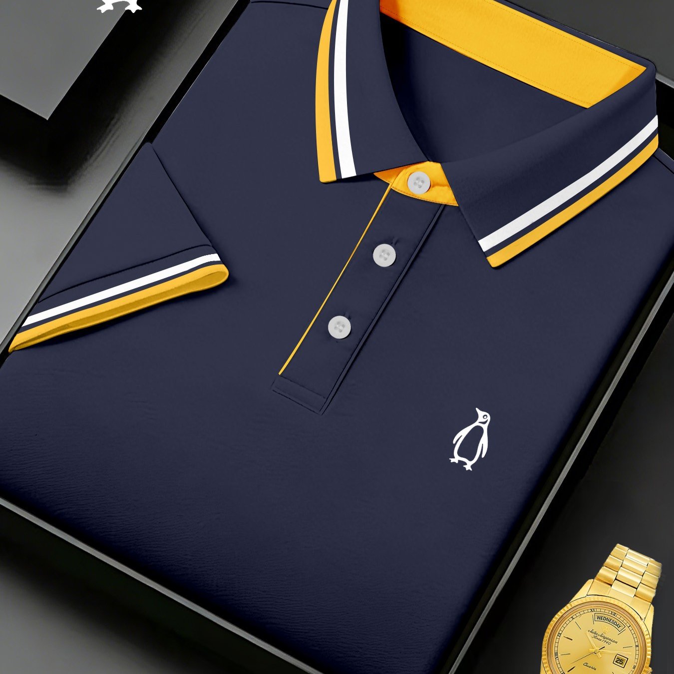 TEMU Men's Short-sleeve Shirt - Featuring A Striped Penguin Pattern Print, Casual Sports Short-sleeve Shirt, Regular Fit, Suitable For Golf Attire,