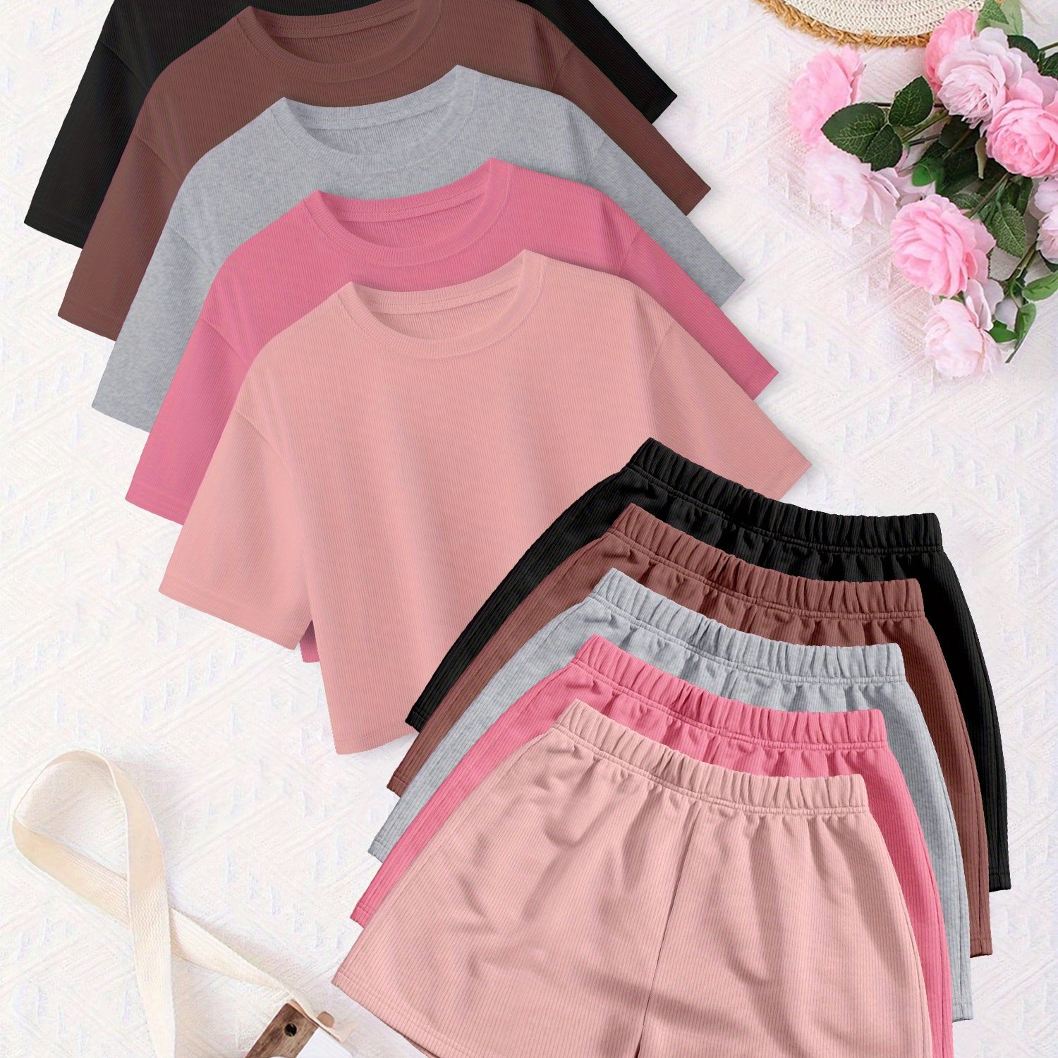 TEMU 10pcs Women's Spring And Summer Casual Top And Pants Set Round Neck Short Sleeve T-shirt   Shorts