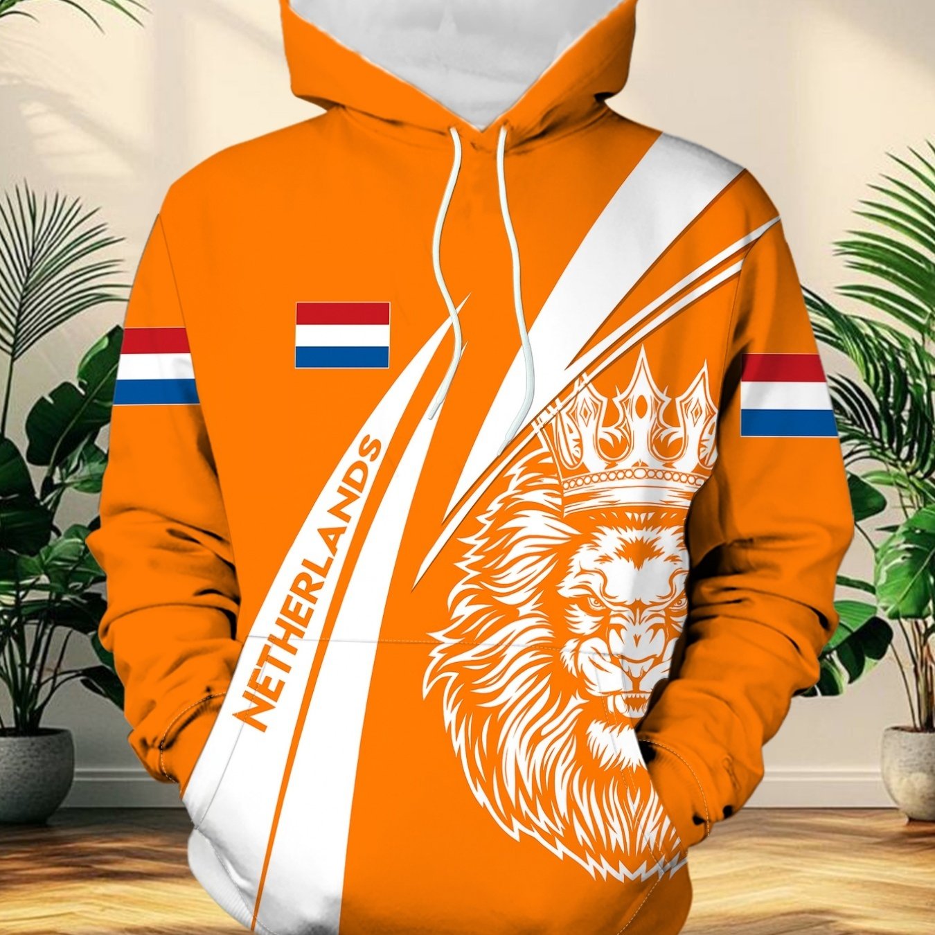 TEMU Men's Netherlands Theme Hoodie With Lion Crown Print And Elements Fashion Casual Top
