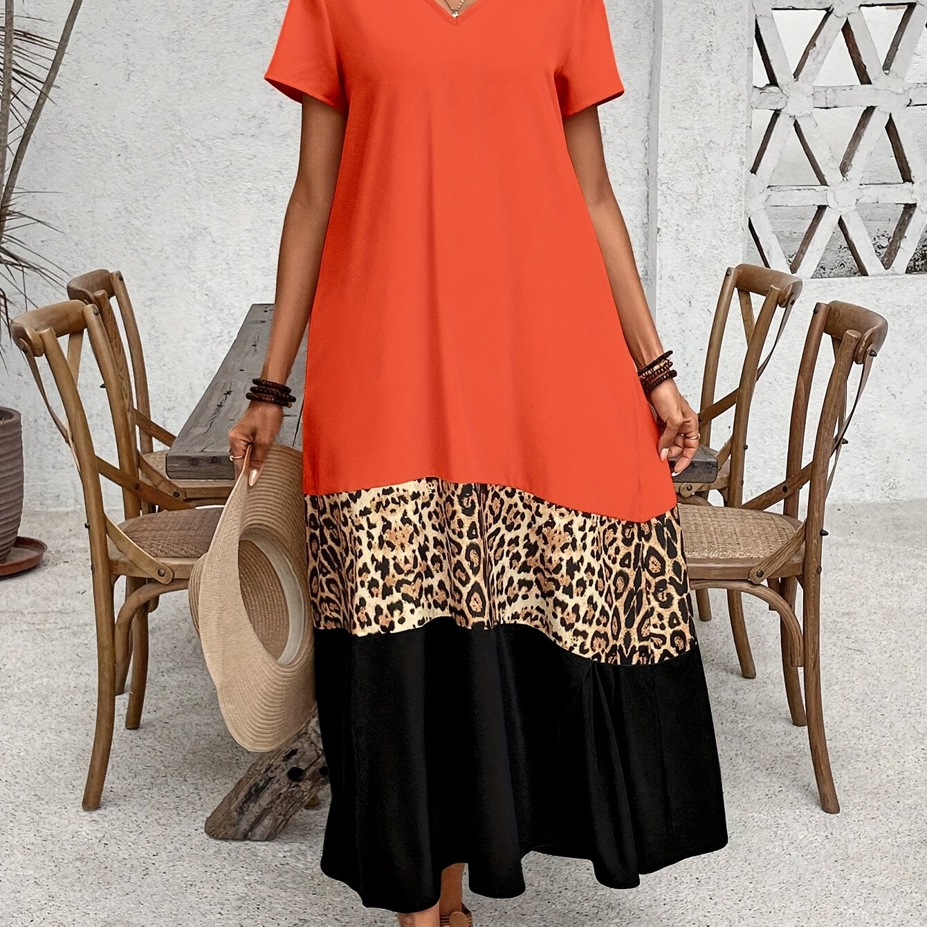 E-shop Kurzarm-Splice-Farbblock-Leopardenprint-Langkleid für Casual Looks