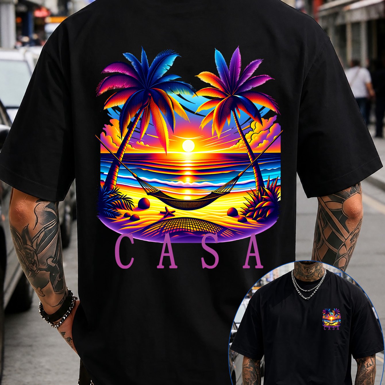 TEMU Casa Neon Gradient Beach Sunset Print Men's Casual T-shirt, Versatile Fashion Short Sleeve, 's Top, Trendy Outfit Individual Niche Design, In