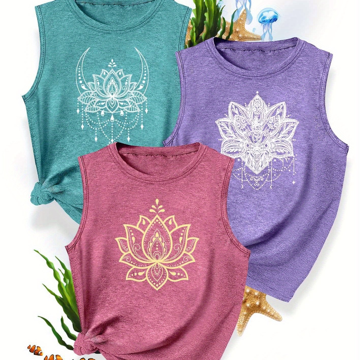 TEMU 3pcs Sister Set Floral Print Fashion Spring/autumn Casual Sporty Style Round Neck Tank Tops, Multiple Colors , Sizes S-xxl