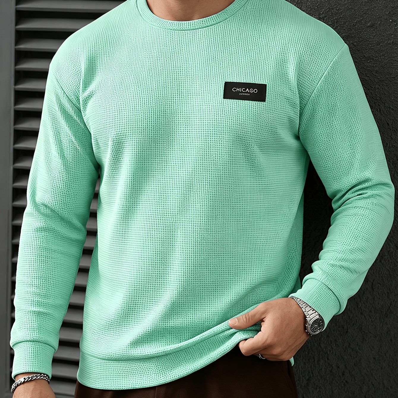 Image of Men's Waffle Knit Long Sleeve Sweatshirt, /autumn Style, Round Neck Casual Fashion Sportswear T-shirt