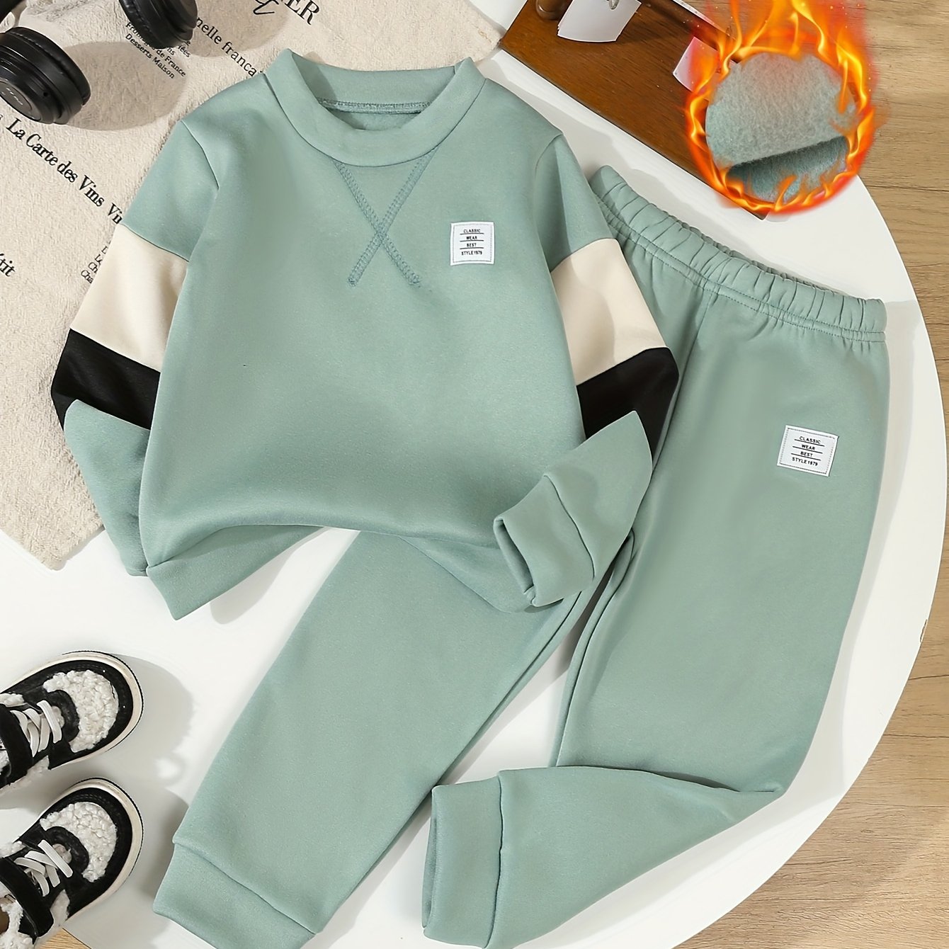 E-shop Jungen-Langbundhosen-Set, Kontrastfarbenes Sweatshirt mit Rundhalsausschnitt einfache Bündchenhosen, geeignet für , Casual, Pendeln, Ausflüge,