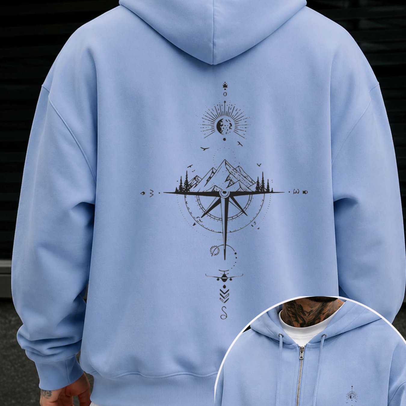 Unisex Ultra Oversized Lightweight Hooded Sweatshirt, Super Loose Fit Thin Fabric Pullover With Back Geometric Compass Print, Zip Pocket Streetwear Casual Autumn Winter Top For Men And Women