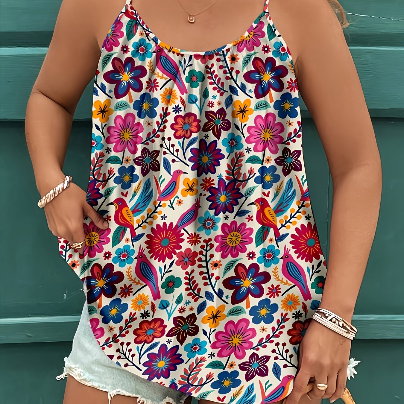 TEMU Plus Size, Plus Size Women's Camisole Top, Vintage Floral Print Round Neck Sleeveless Vest, Loose Fit, Style, Light Stretch Fabric, Casual