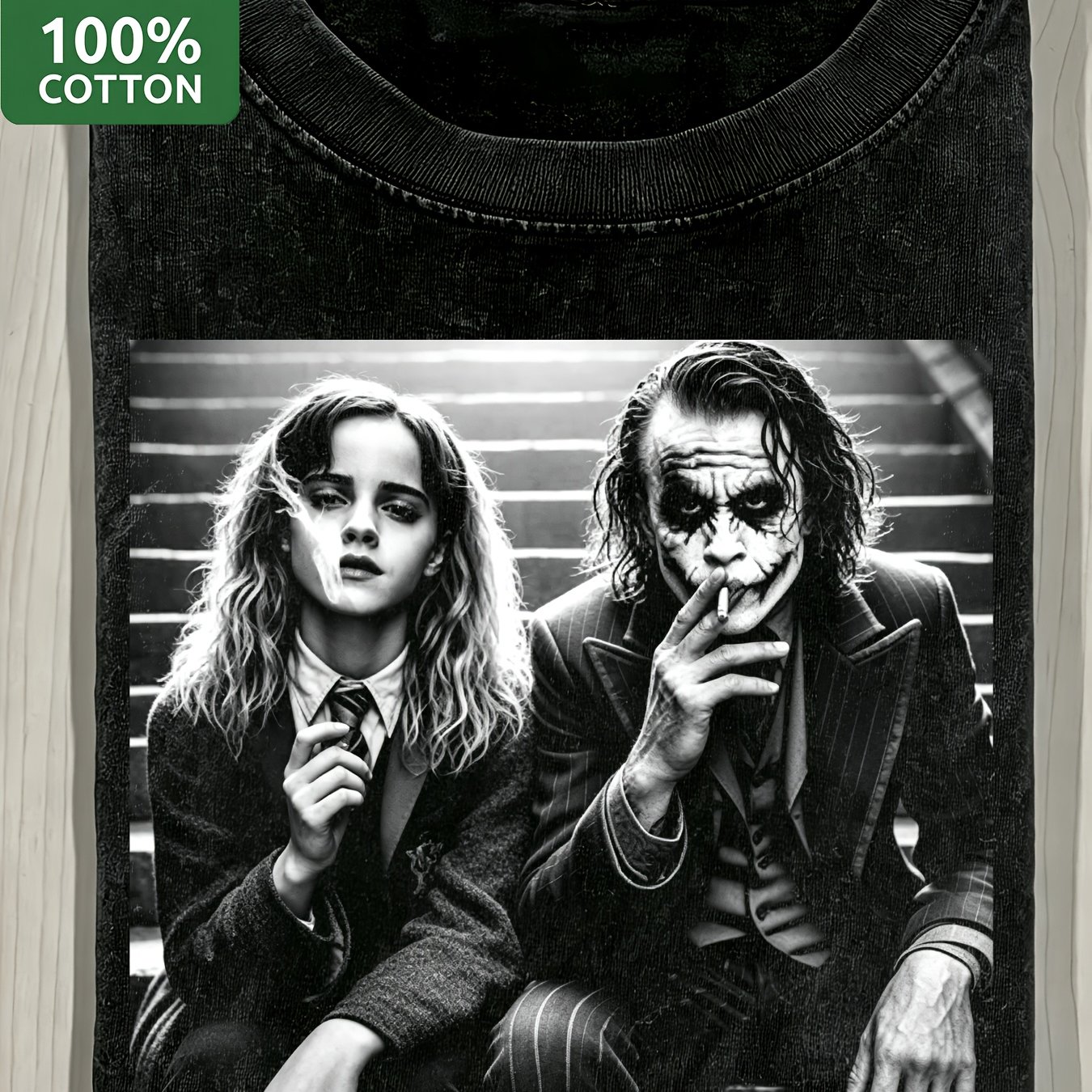 Men's 270gsm Heavyweight Vintage Washed Hermione Joker Smoking Crossover Cotton Tee Unique Harry Potter Villain Parody Design Short Sleeve Edgy Fashion Tee
