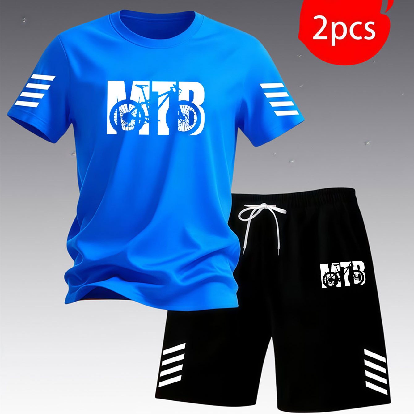 TEMU Short Sleeve And Shorts 2pcs Set, With Mtb Mountain Bike Print, Outdoor Riding Style, T-shirt And Shorts Matching Print, Loose And , Options,
