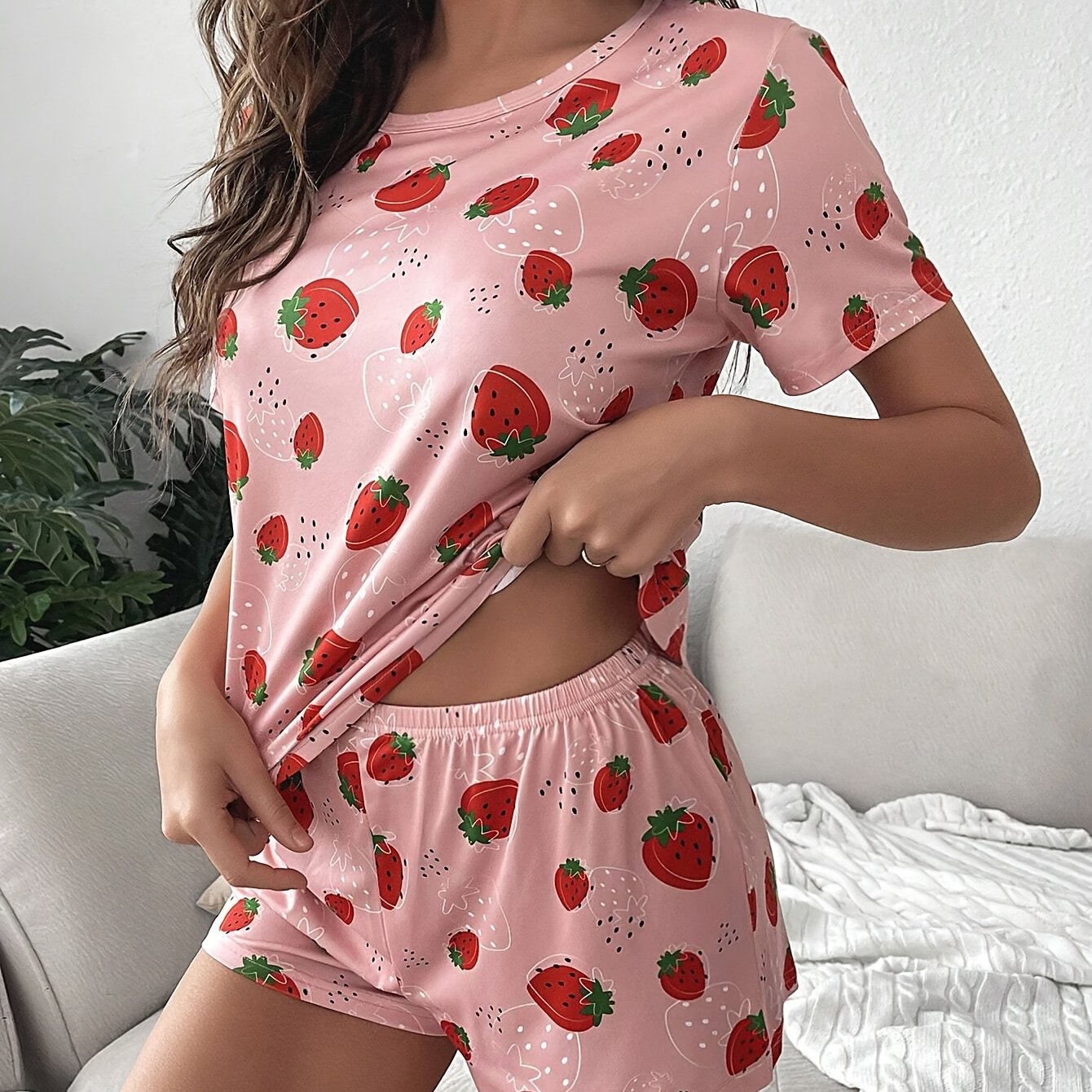 TEMU Women's Pajamas Featuring A Cartoon Strawberry Print, This Set Includes A Soft Short-sleeve Top And Elastic Waistband Shorts, Making It An For Sleepwear