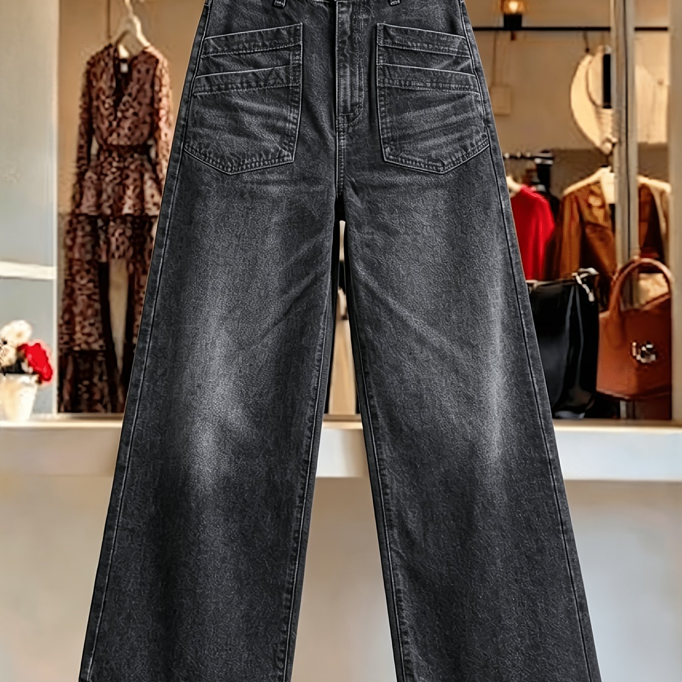 Image of M1186-women's Distressed Jeans - Straight Wide Leg Stretch Denim Trousers, Mid Rise Retro Casual Pants, Vintage High Quality Comfortable Jeans For Everyday Use Denim Jeans