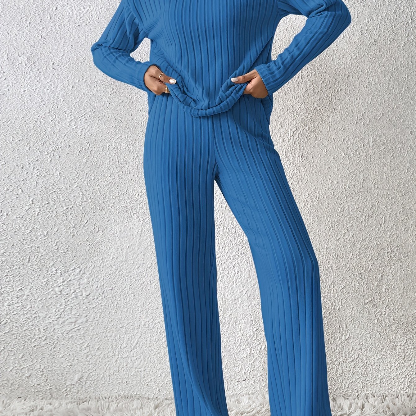 Autumn Winter Ribbed Fleece Set Turtleneck Long Sleeve And Straight Long Pants Two-piece Outfit Fashion Casual Loose