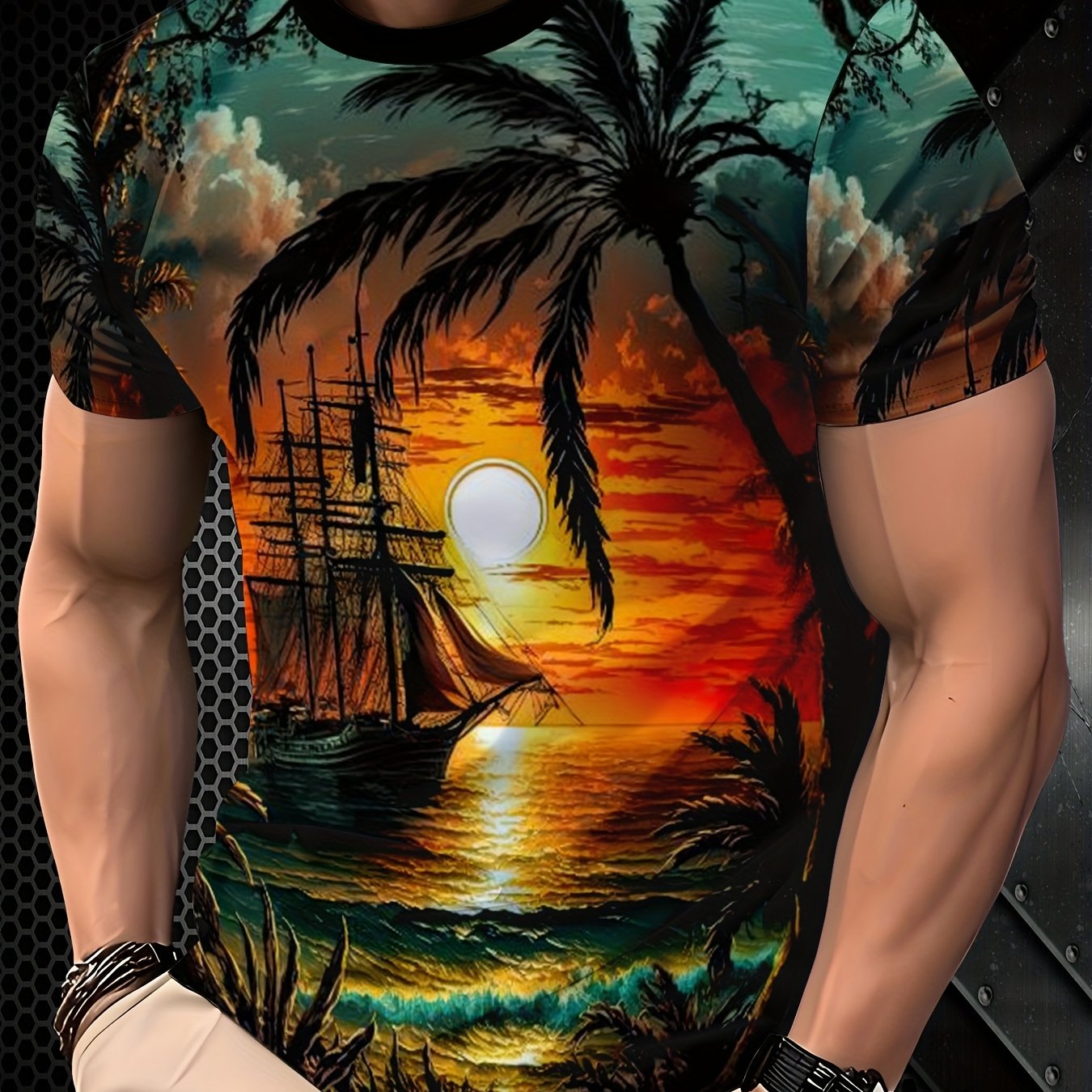 TEMU Men's Fashion Trend Printed Casual Short-sleeve T-shirt - Comfortable And Durable Polyester Fiber Fabric, Suitable For Daily Wear And Vacations,
