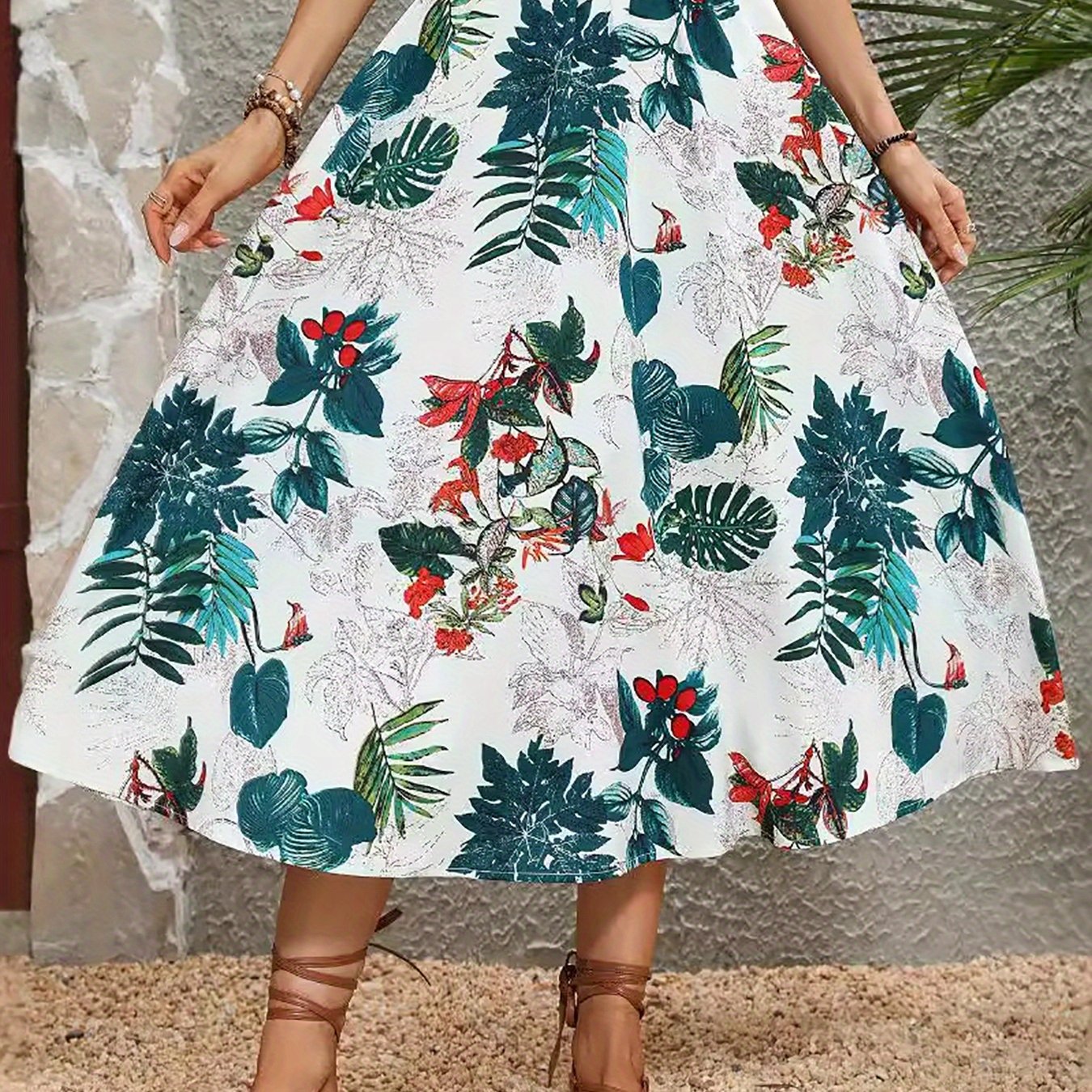 TEMU Women's Vintage Tropical Floral Print A-line Skirt - High Waist Flare Flowy Casual Skirt For Beach , Summer Vacations & Casual Attire, Skirt |