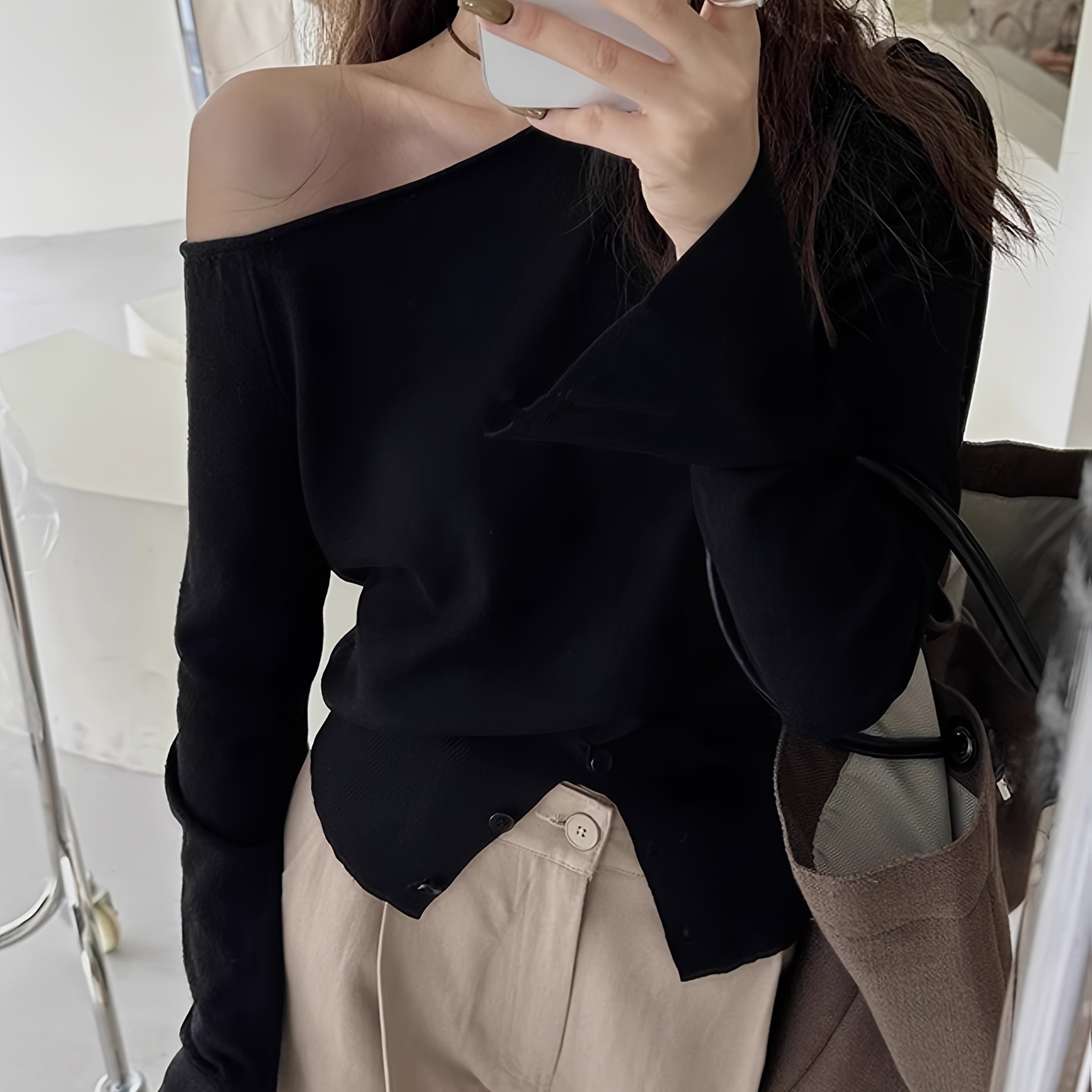TEMU Korean-style Minimalist Versatile Irregular Off-shoulder Slit Sweater For Women, 2025 Spring/autumn New Elegant Long-sleeve Base Layer Top