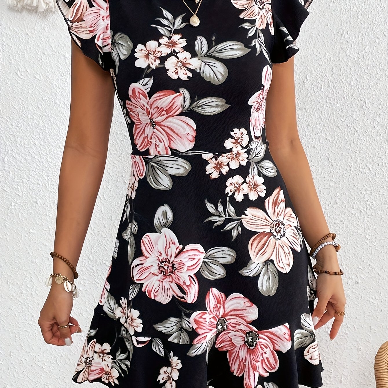 Floral Print Ruffle Sleeve Waist Spring/summer Women's Clothing