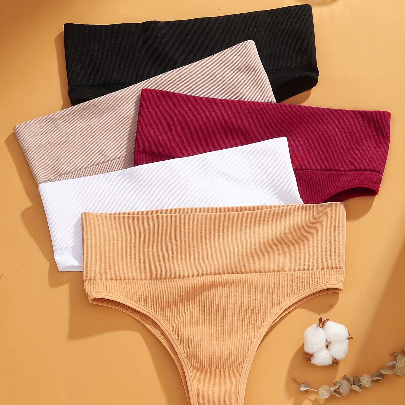 TEMU 5pcs High-waisted Panties, Simple Vertical Stripe Ribbed Seamless High-waisted Women's Panties, High-waisted Tummy Control Lifting Panties,