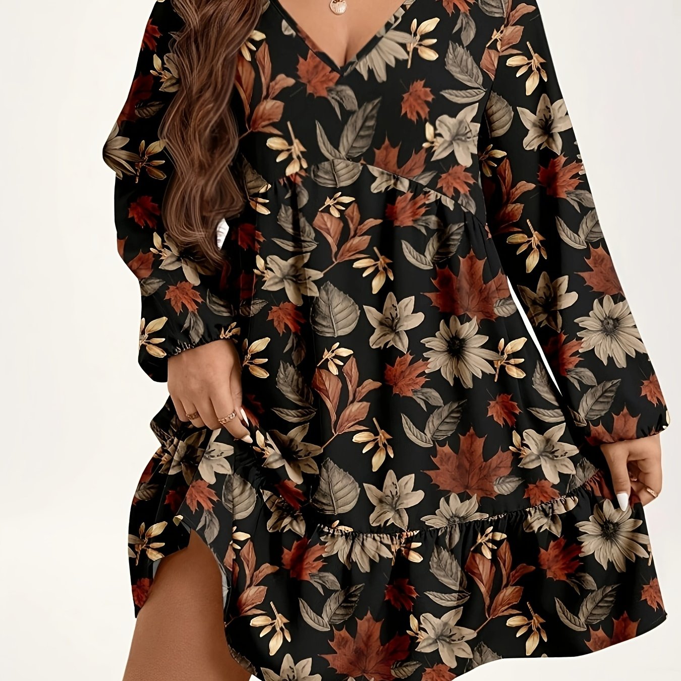 TEMU Plus Size - Autumn Clothing, Autumn Maple Leaf Pattern, Lantern Sleeve, Hem, Cape Dress, Women's Wedding Guest Thanksgiving Holiday Party Dress