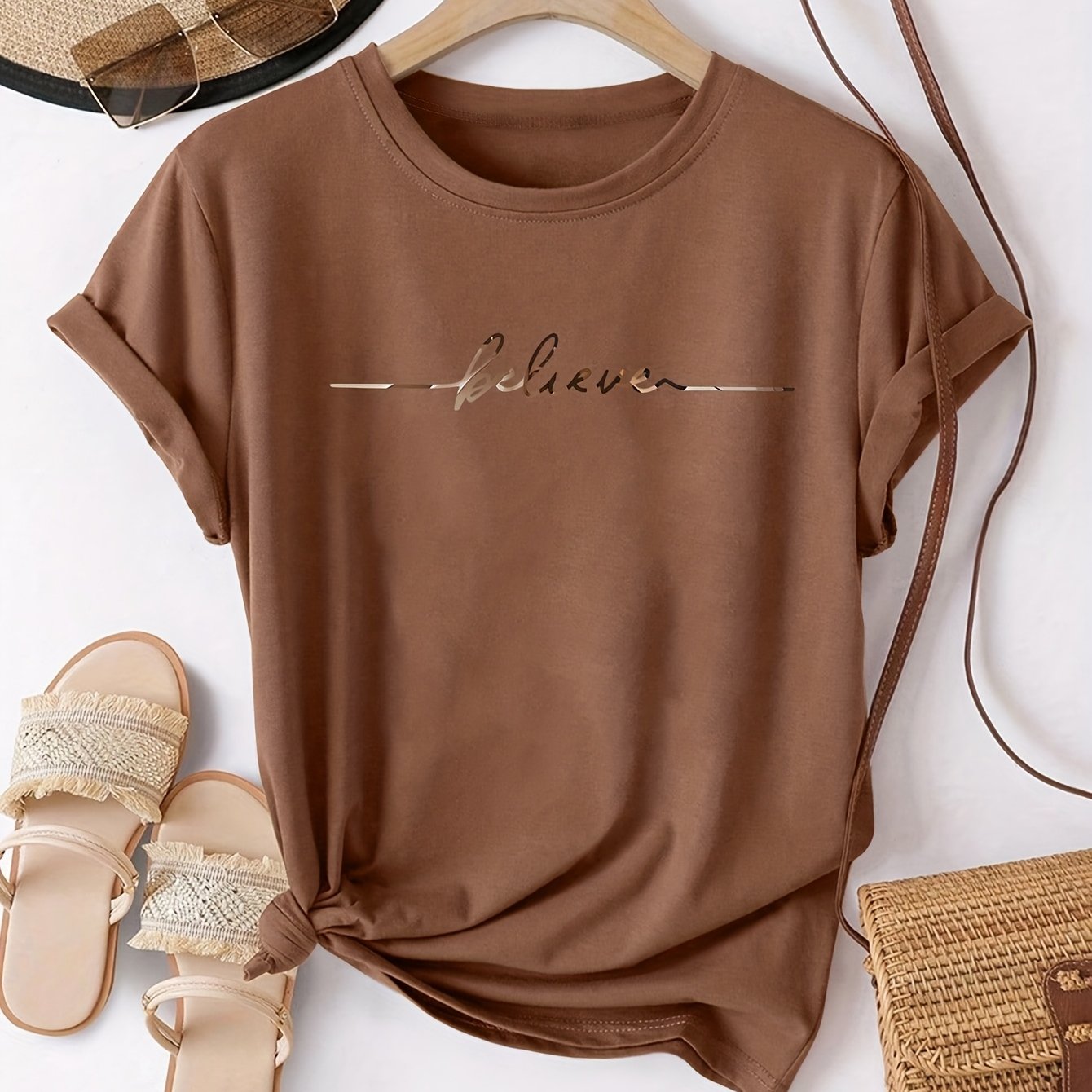 TEMU Believe Letter Print Vintage T-shirt, Short Sleeve Crew Neck Casual Top, Suitable For Summer And Spring, Women's Clothing, Circle