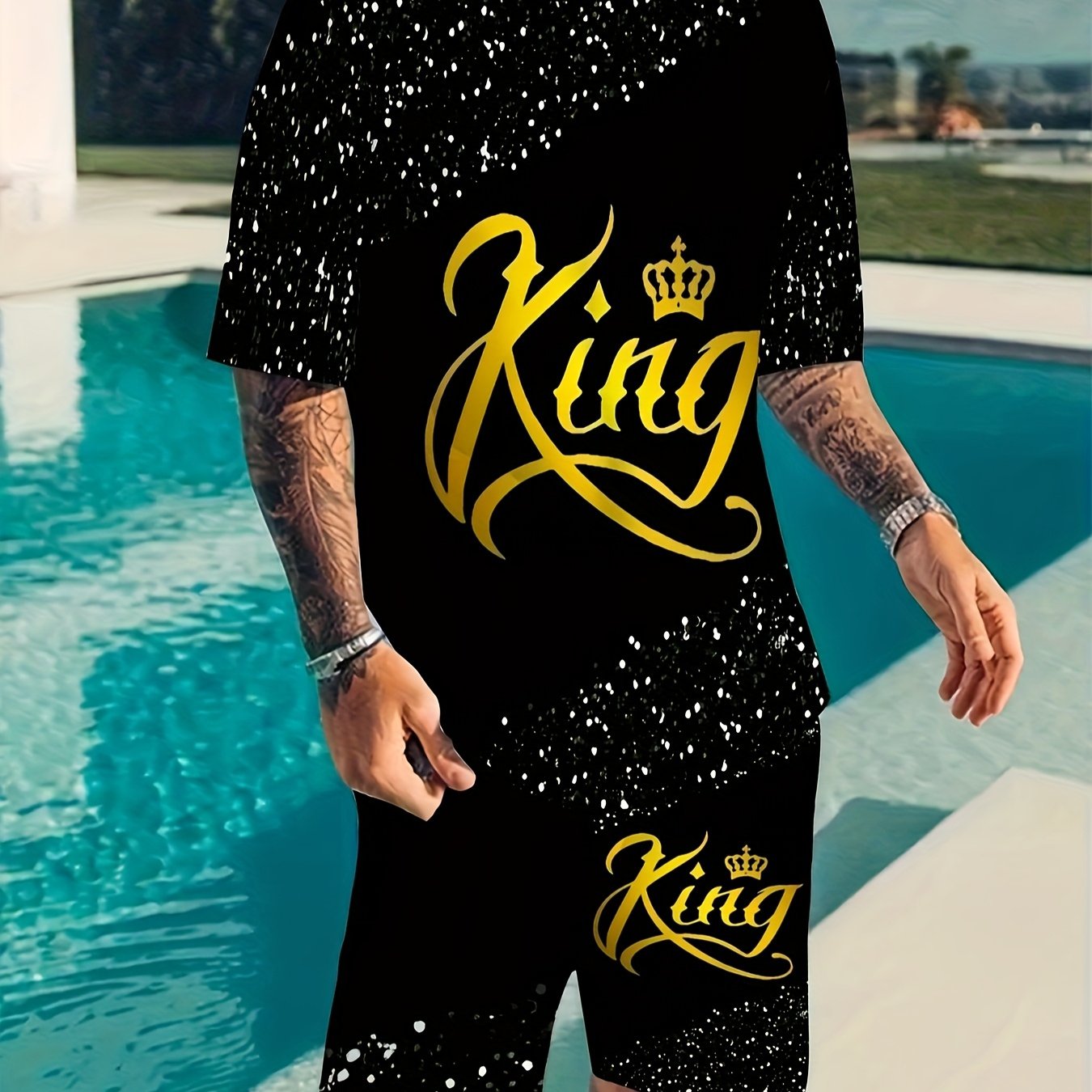 TEMU 3d Text Pattern Printed Men's Short Sleeve T-shirt  Shorts 2pcs Set, Plus Size