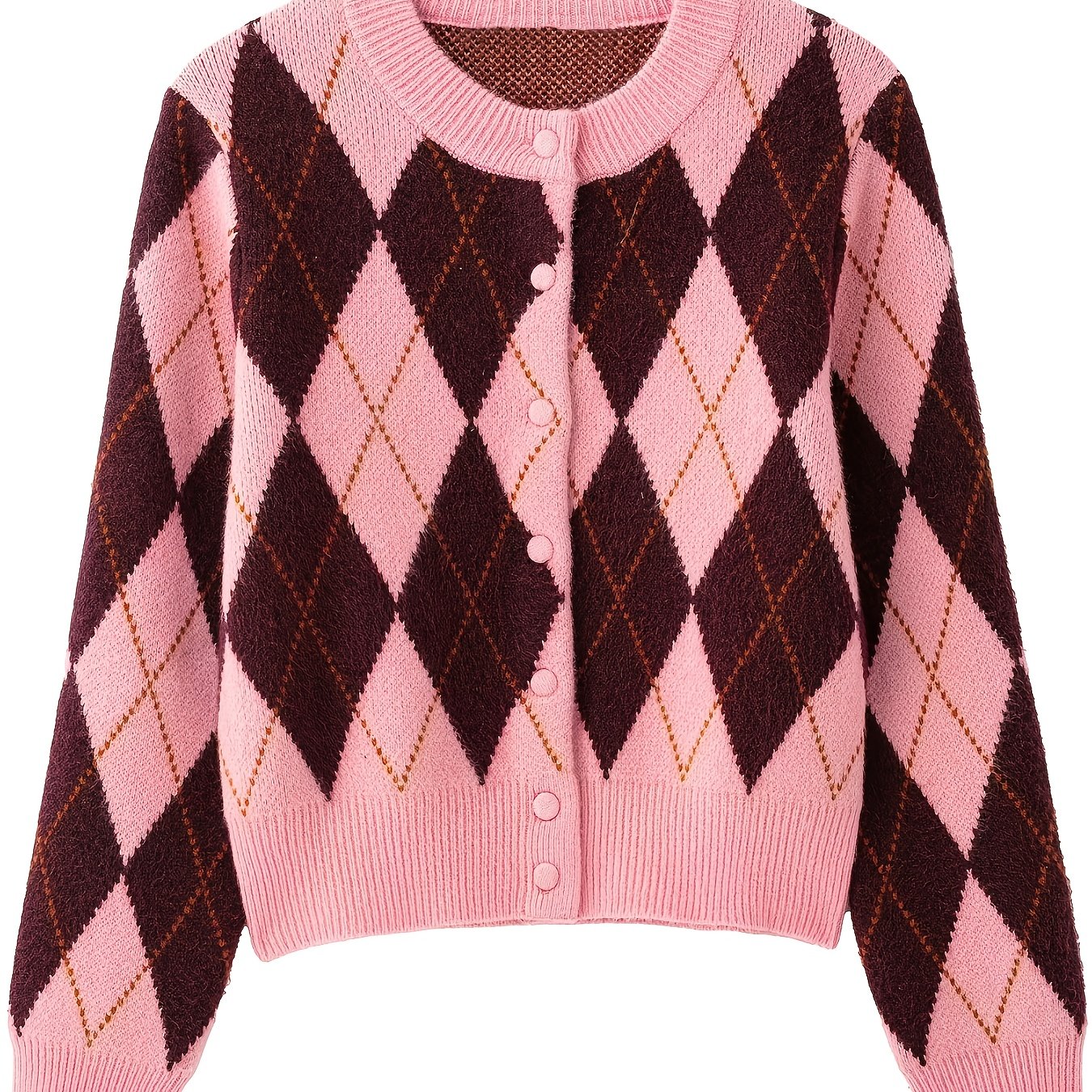 TEMU 2026 Spring/autumn New Women's Cardigan, Layerable -friendly Round Neck Regular Sleeve Practical Warm Slim Short Jacket Diamond Check Open Front